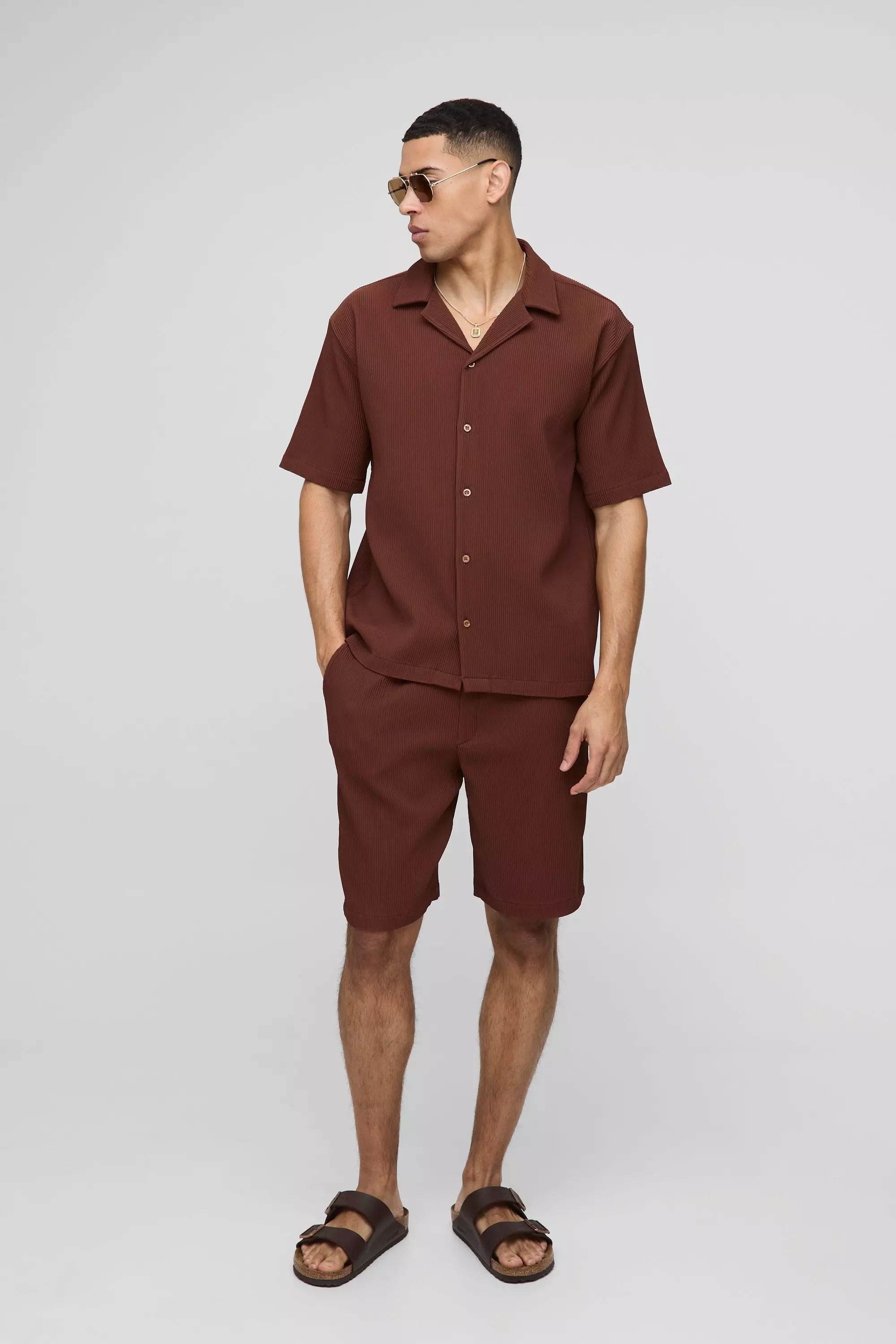 Oversized Revere Pleated Shirt & Short Set | boohooMAN USA