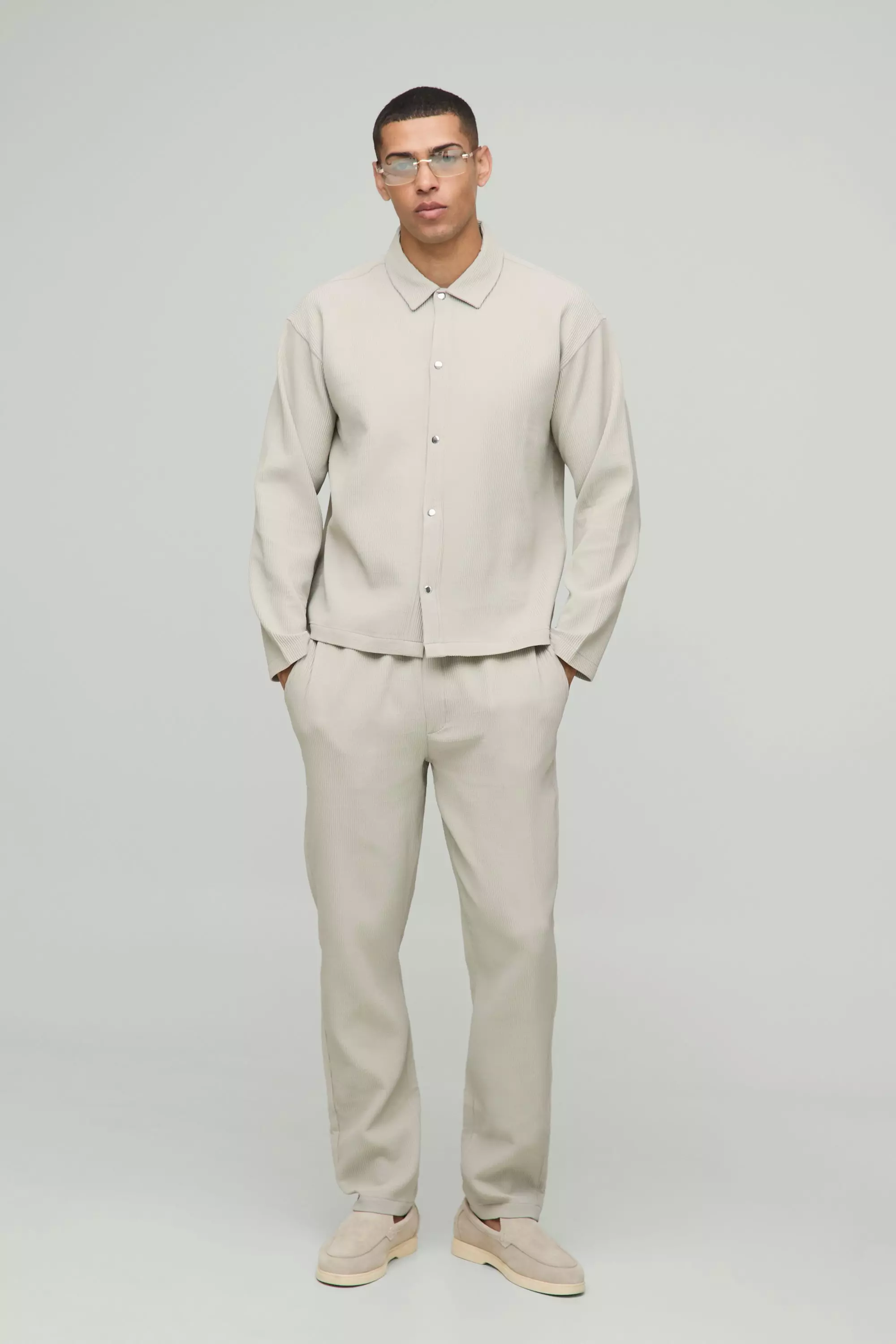 Stone Beige Oversized Pleated Overshirt & Trouser Set