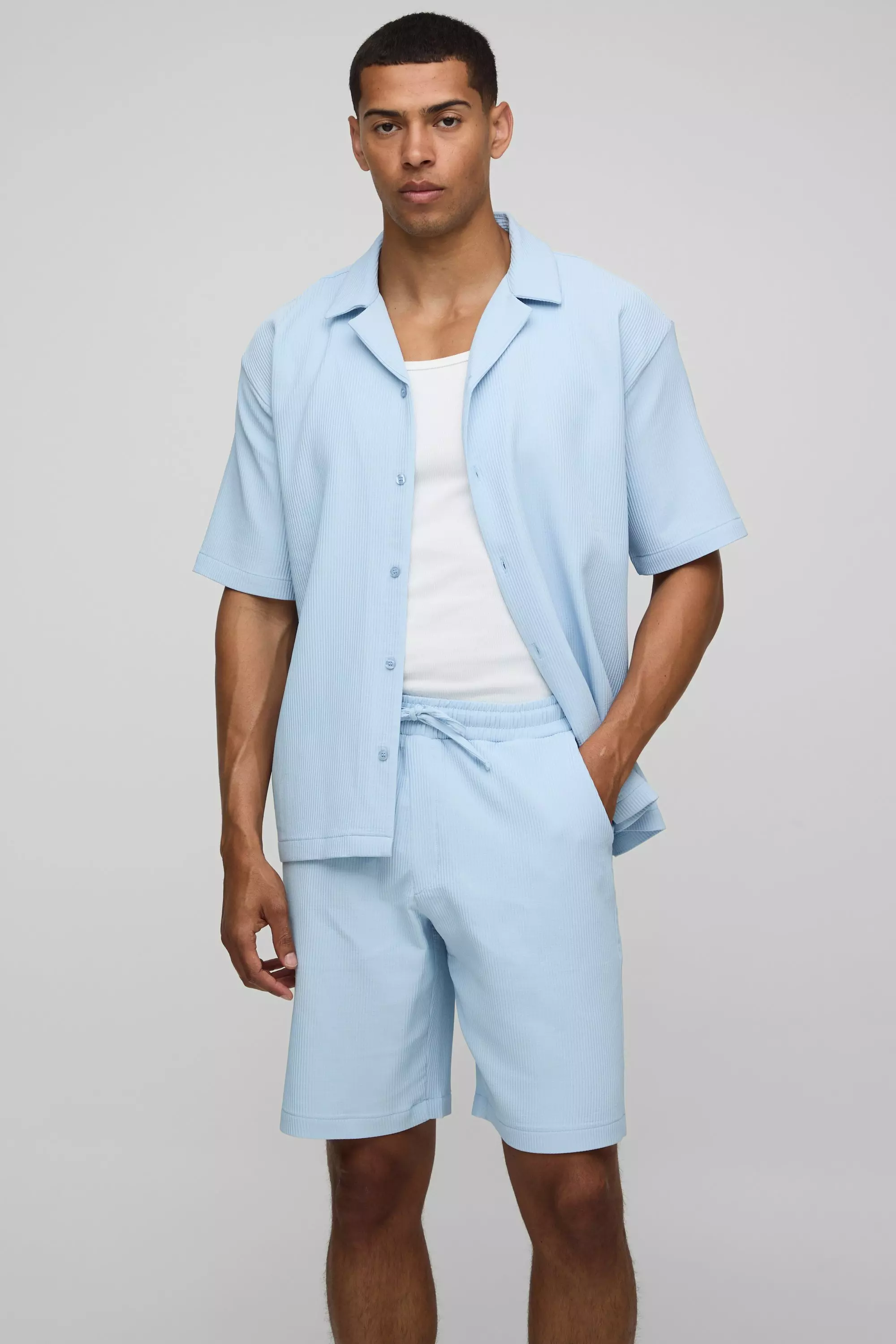 Oversized Revere Pleated Shirt & Short Set Light blue