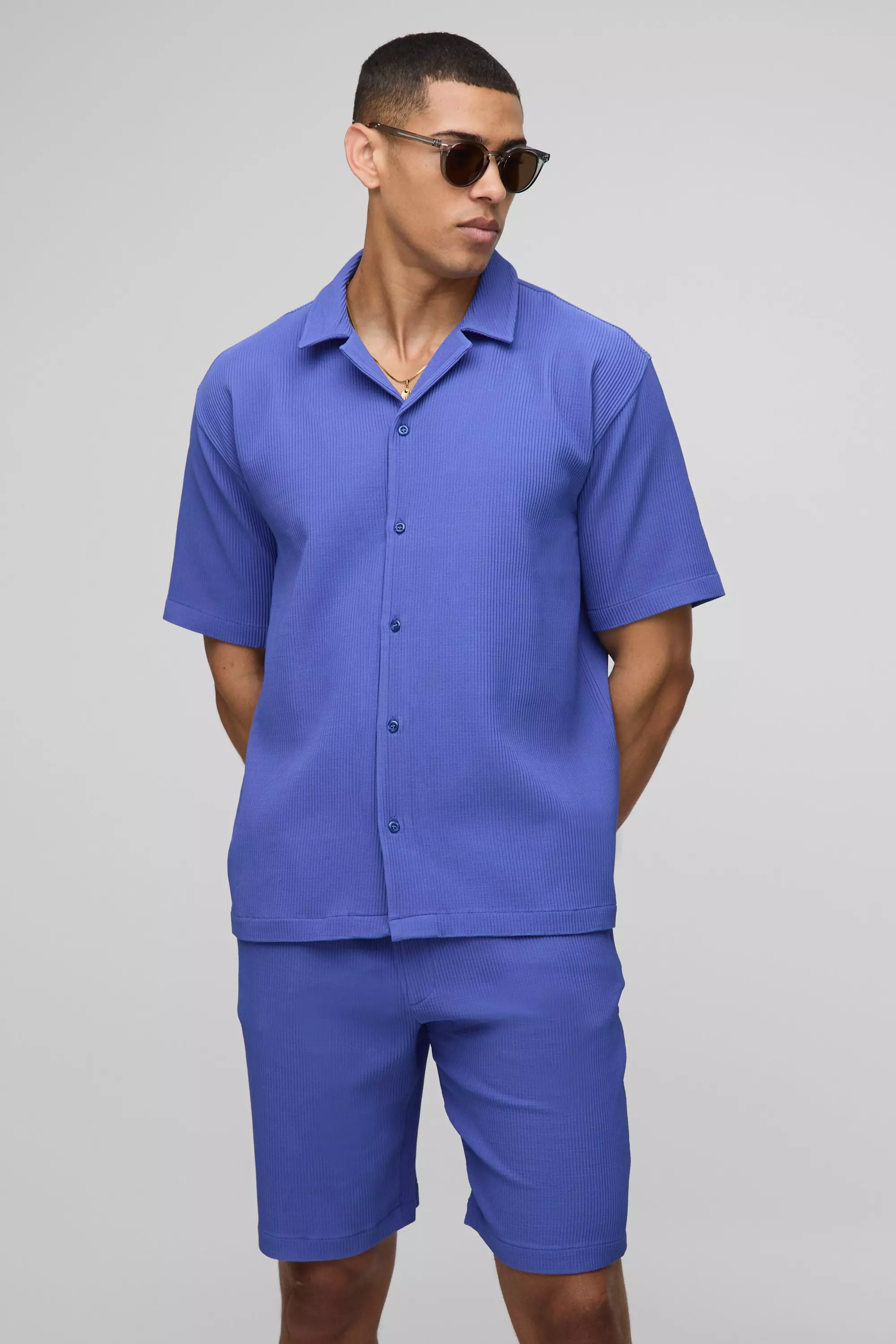 Oversized Revere Pleated Shirt & Short Set | boohooMAN USA