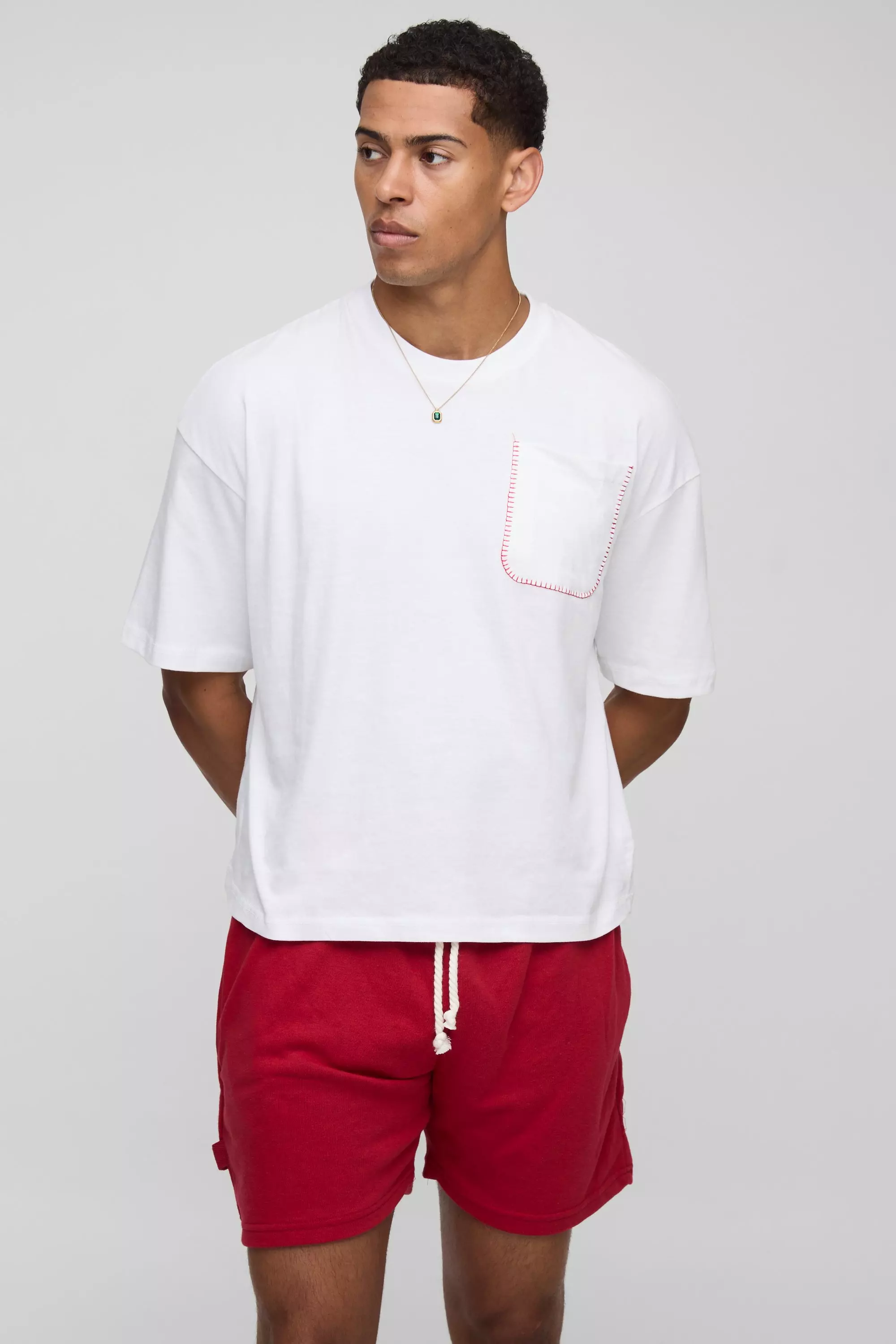 Oversized Boxy Blanket Stitch Rope Detail T-Shirt & Short Set | boohooMAN USA
