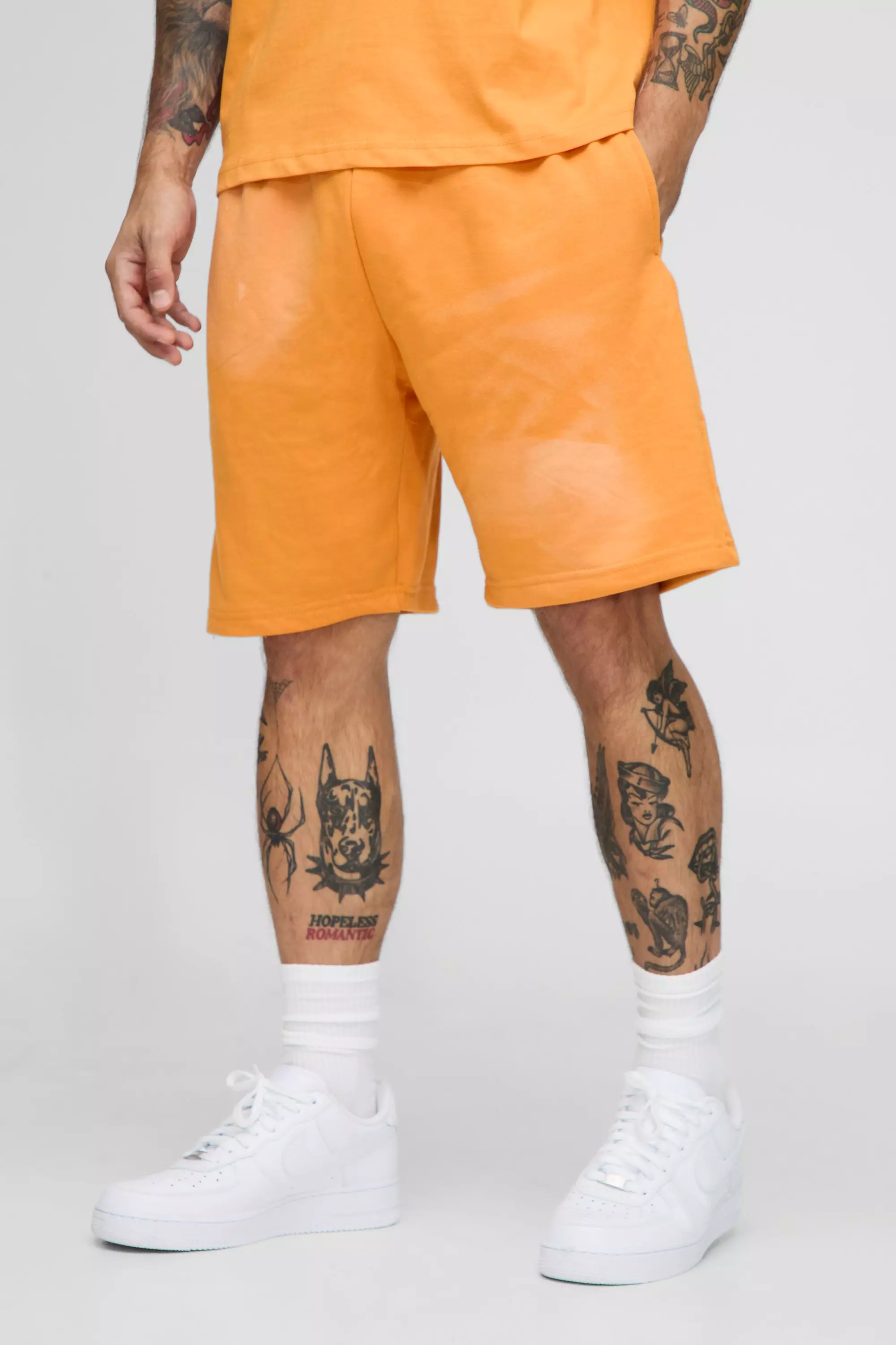 Relaxed Embroidered Spray Wash Mid Length Short | boohooMAN USA