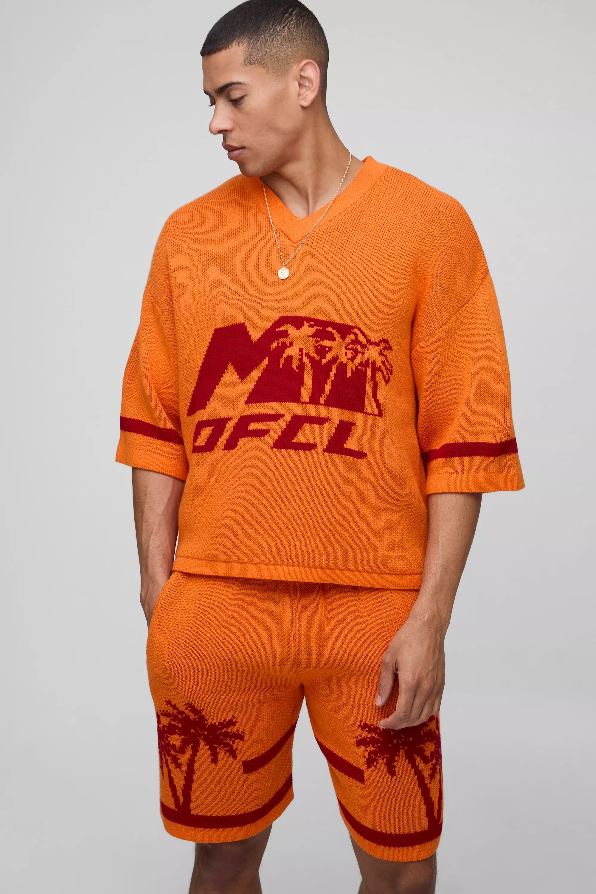 Orange OFCL Oversized Boxy V Neck Baseball Knitted T-Shirt & Short Set