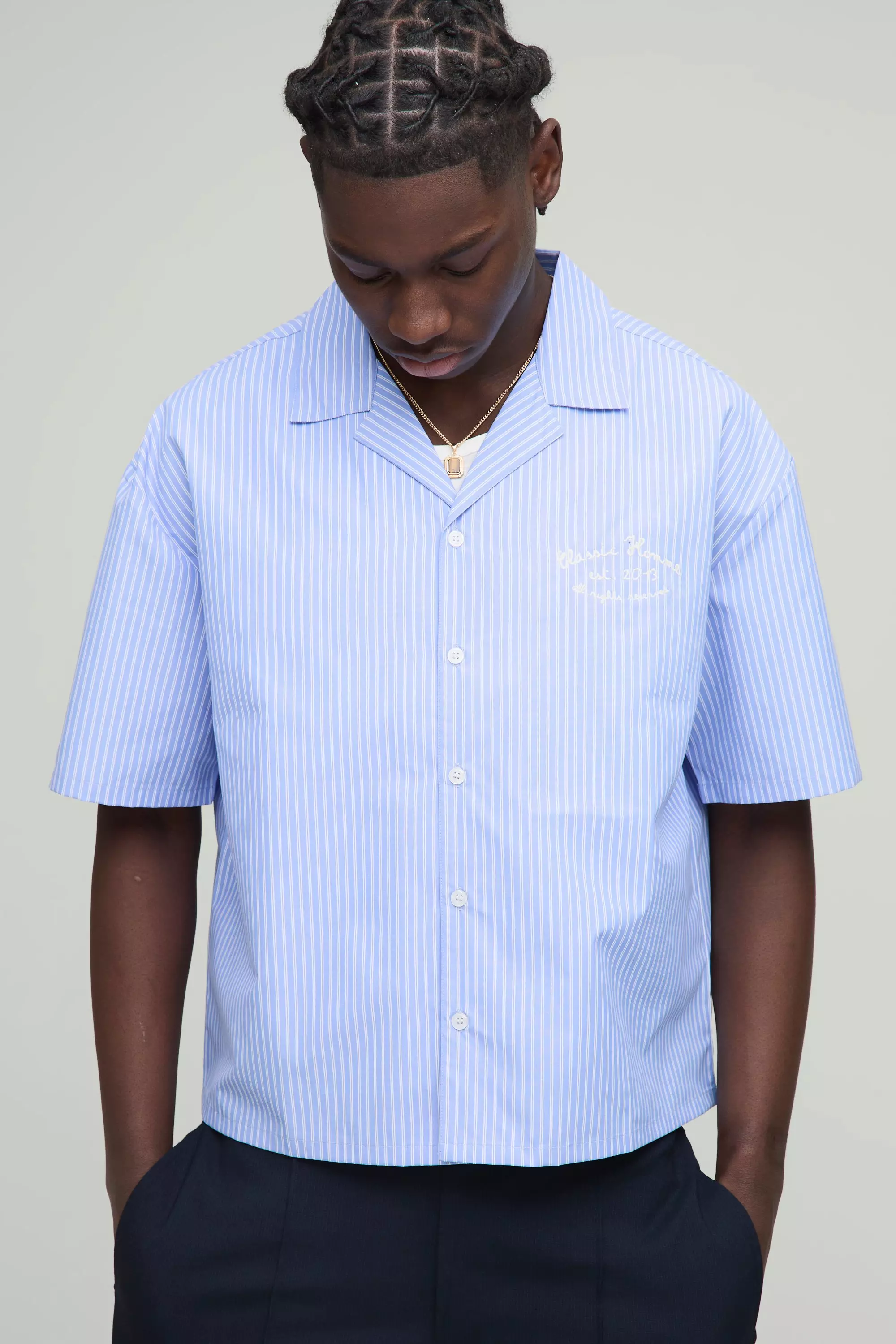 Navy Oversized Boxy Stripe Revere Collar Shirt | boohooMAN USA