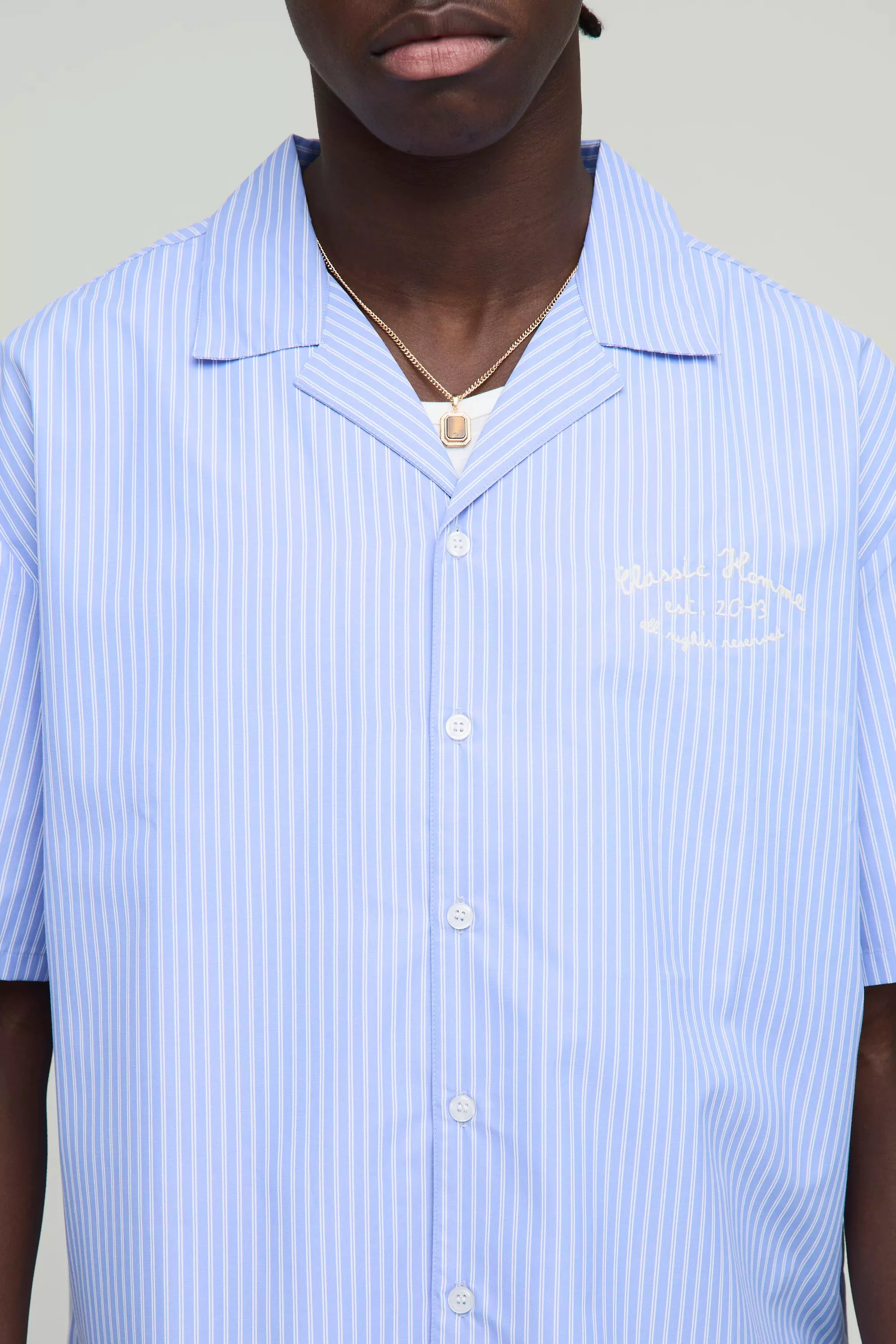 Navy Oversized Boxy Stripe Revere Collar Shirt | boohooMAN USA
