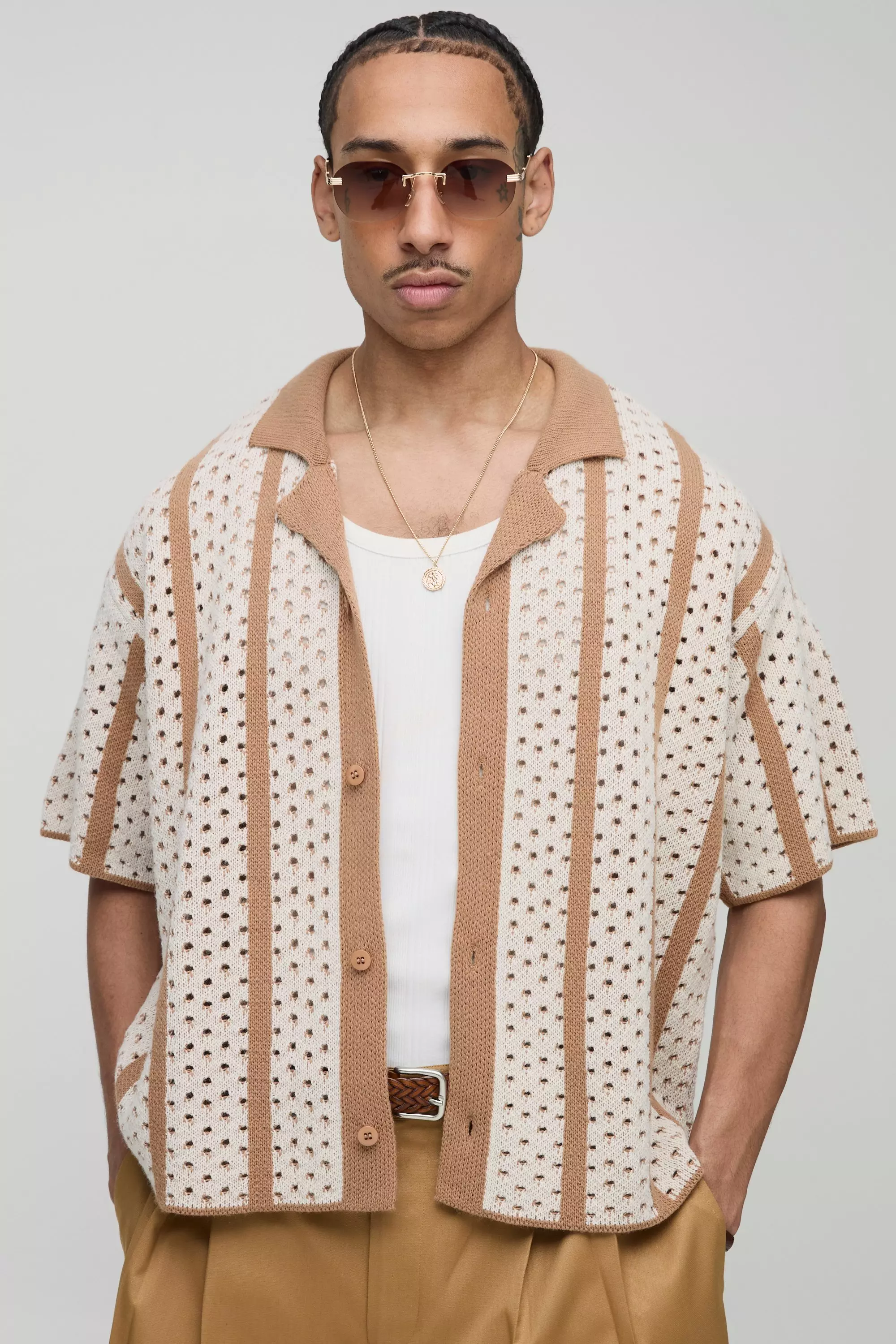 Boxy Stripe Knitted Shirt Taupe