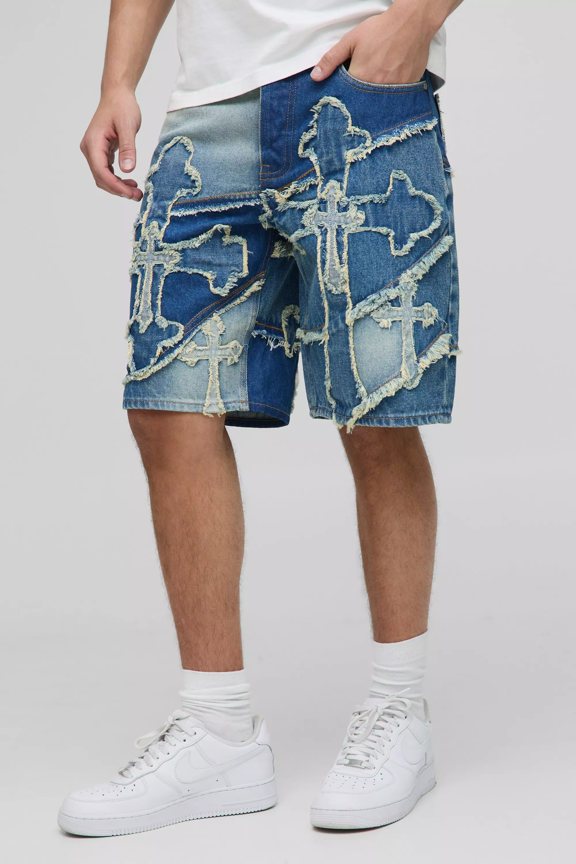 Relaxed All Over Cross Applique Denim Shorts | boohooMAN USA