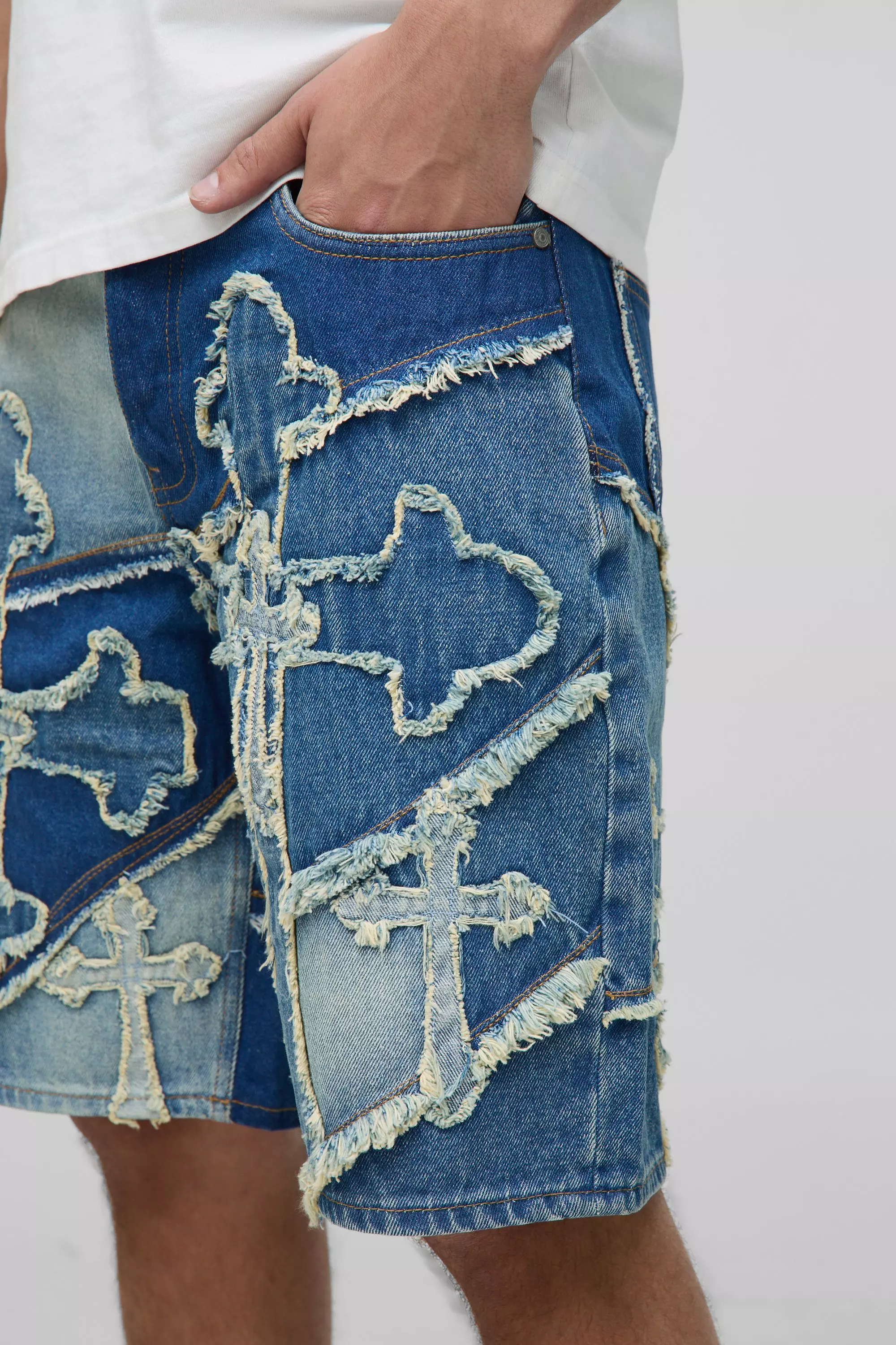Relaxed All Over Cross Applique Denim Shorts | boohooMAN USA