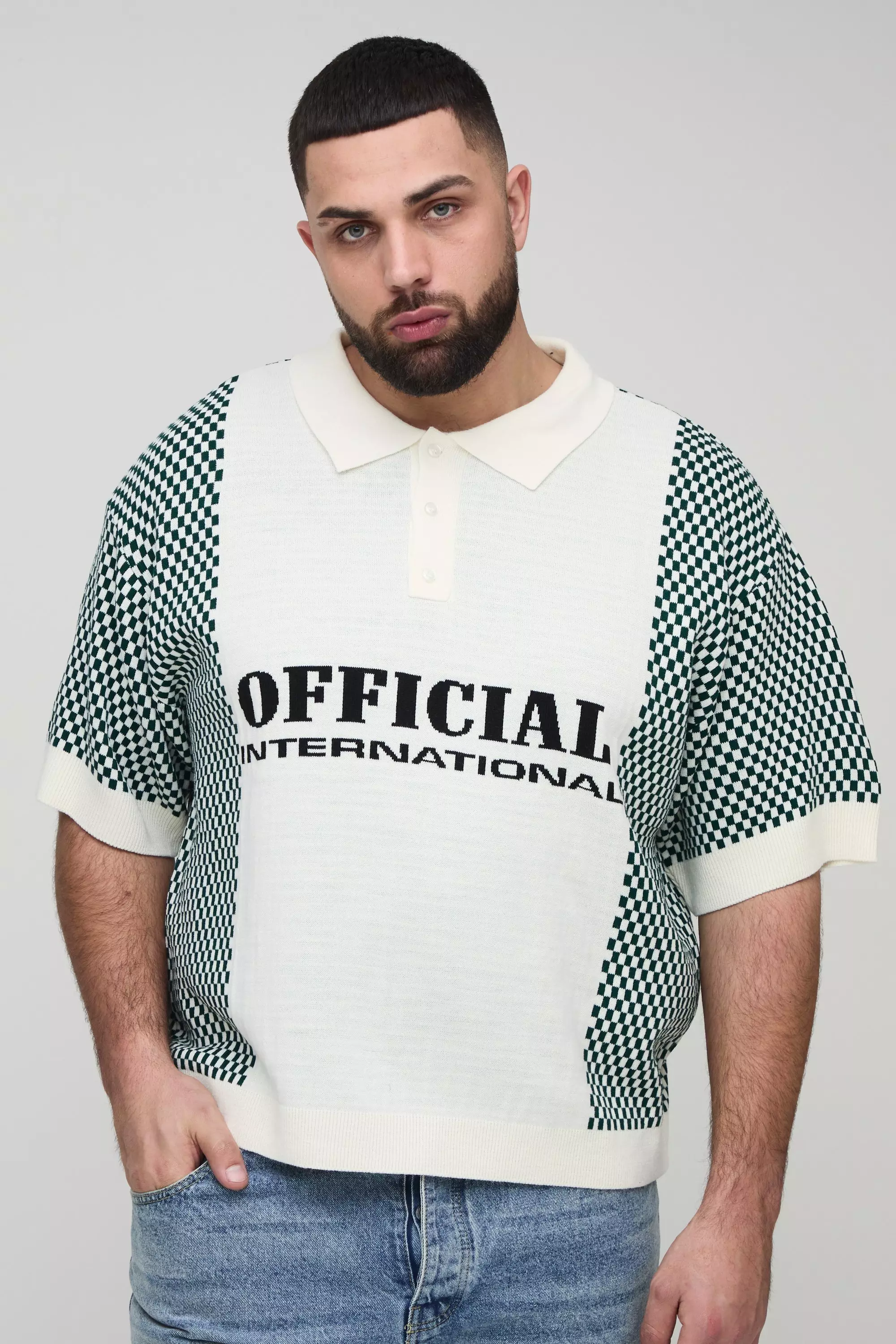 Plus Oversized Boxy Plaid Official Moto Knitted Polo | boohooMAN USA