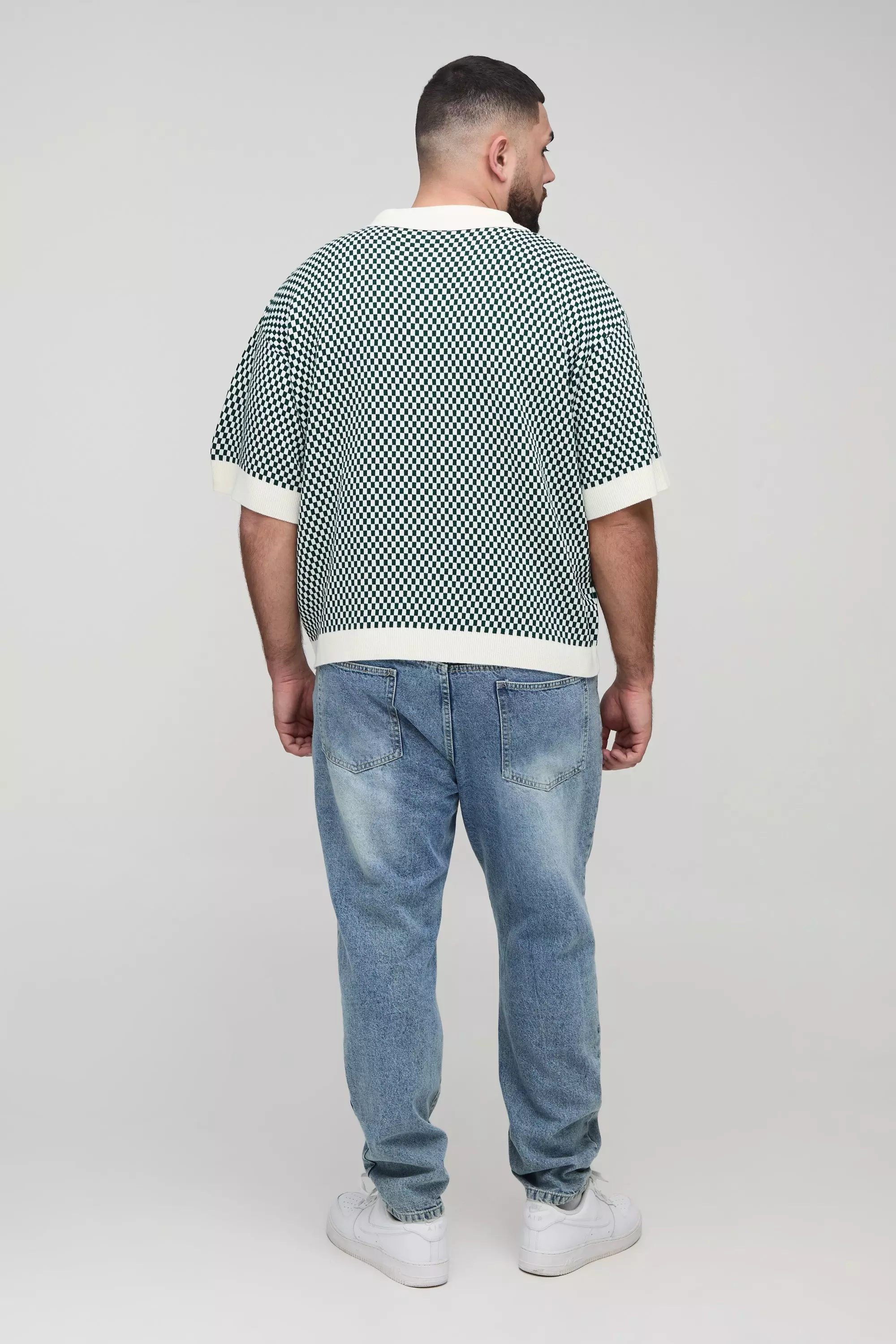 Plus Oversized Boxy Plaid Official Moto Knitted Polo | boohooMAN USA