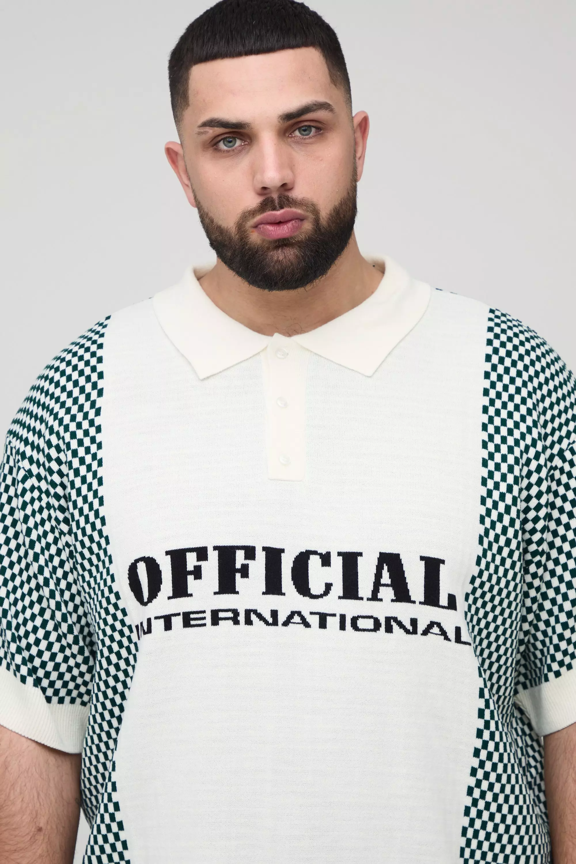 Plus Oversized Boxy Plaid Official Moto Knitted Polo | boohooMAN USA