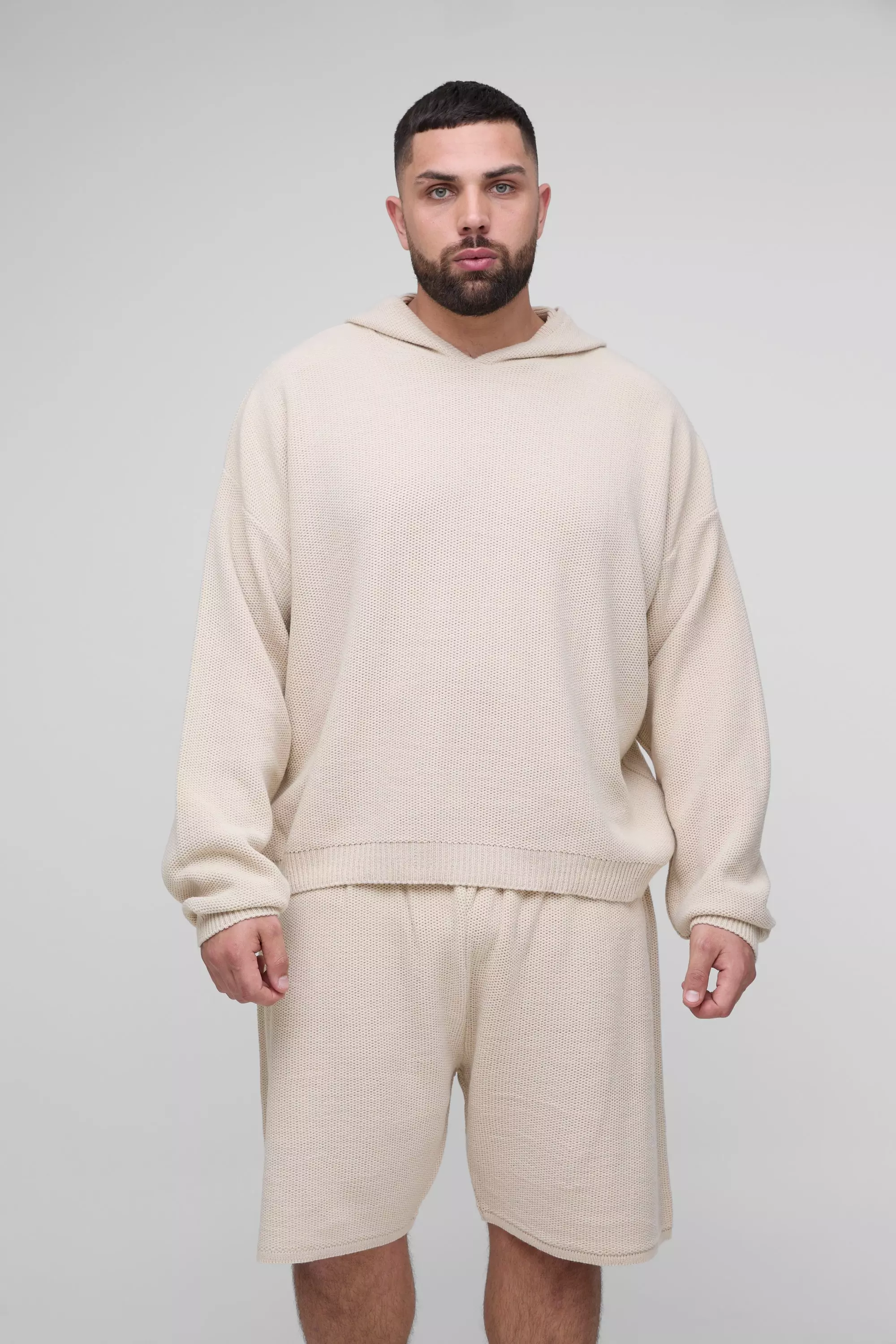 Plus Waffle Knitted Oversized Hoodie & Short Set | boohooMAN USA