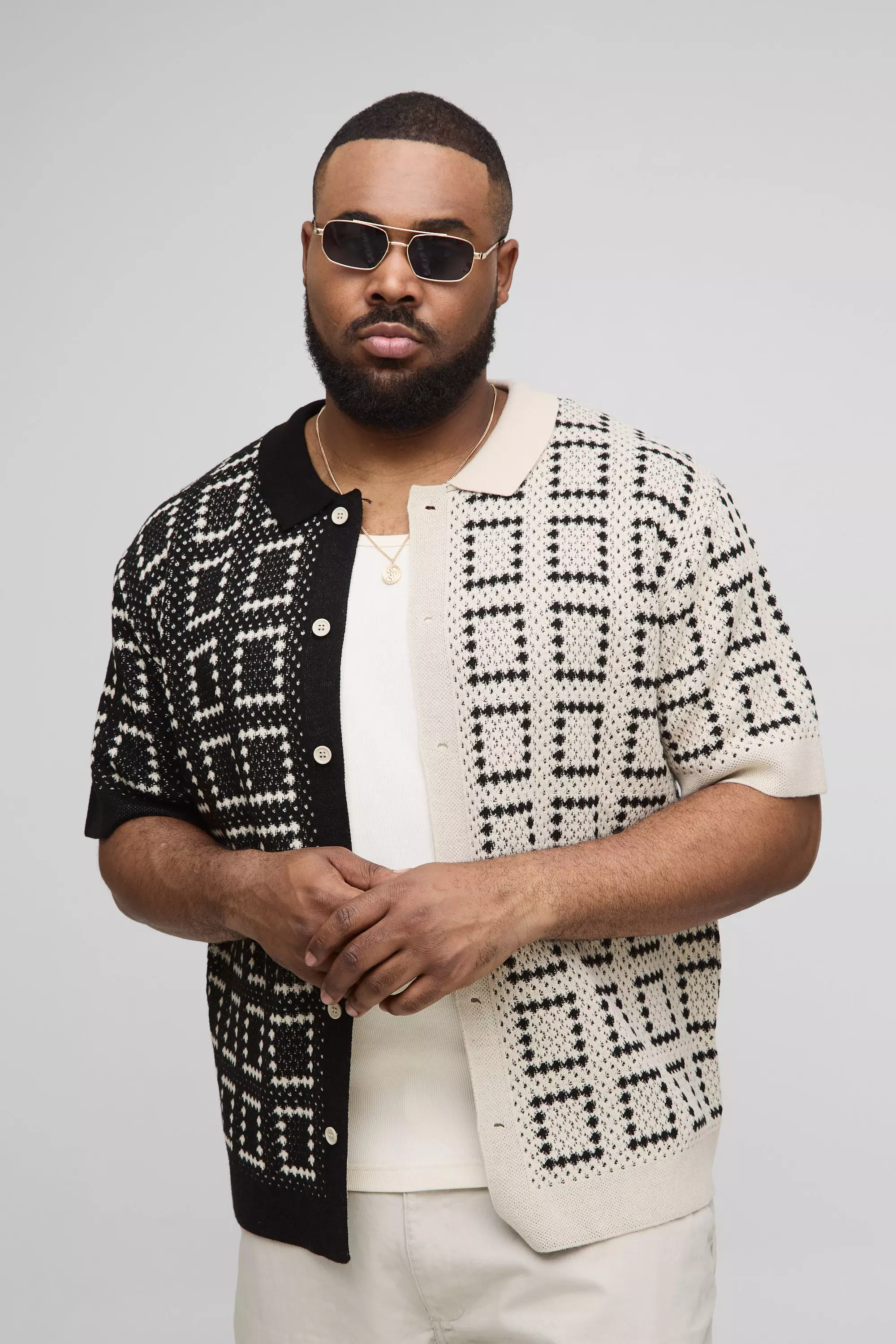 Black Plus Contrast Crochet Shirt