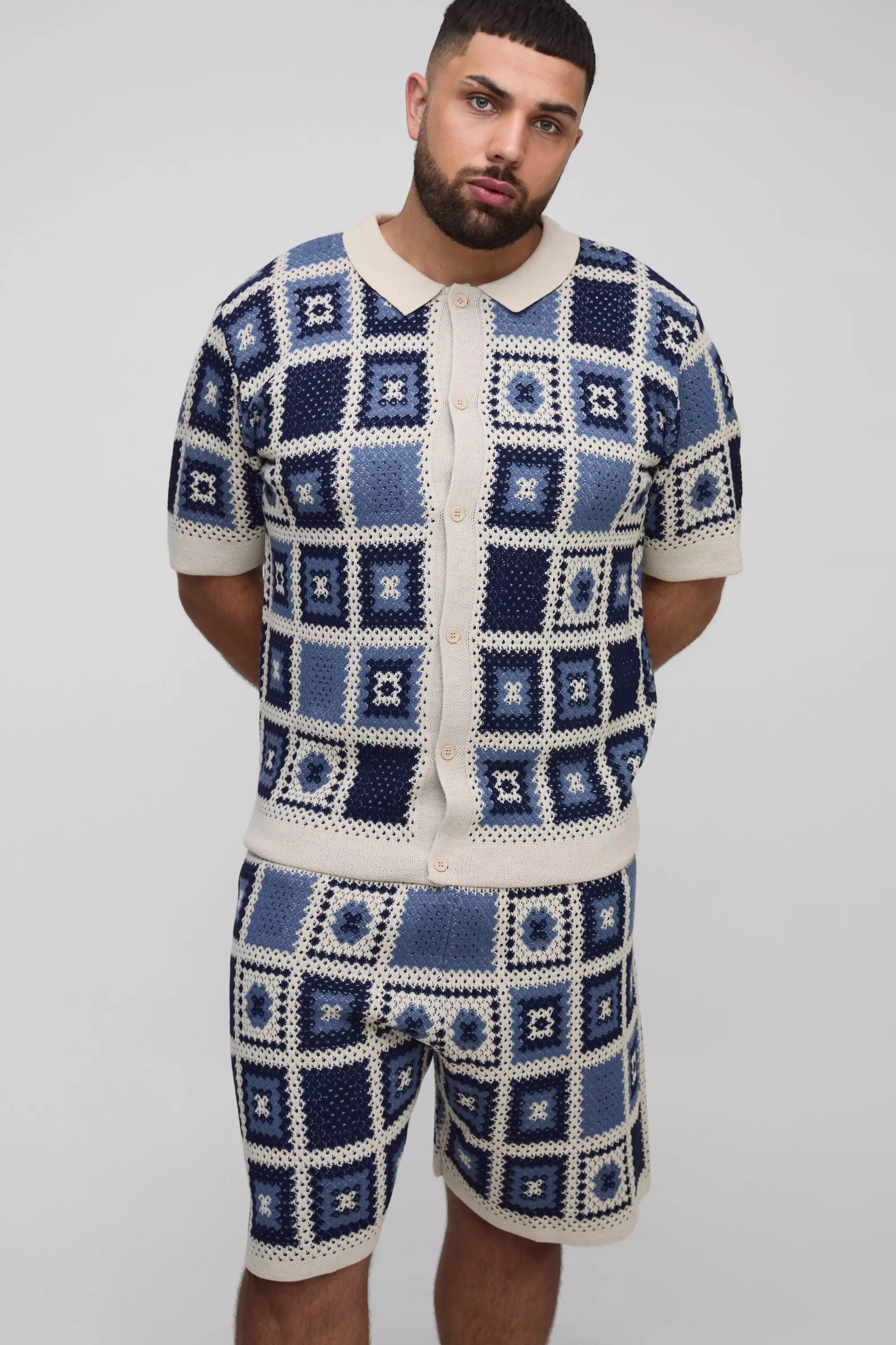 Plus Regular Fit Crochet Shirt & Relaxed Short Set Blue