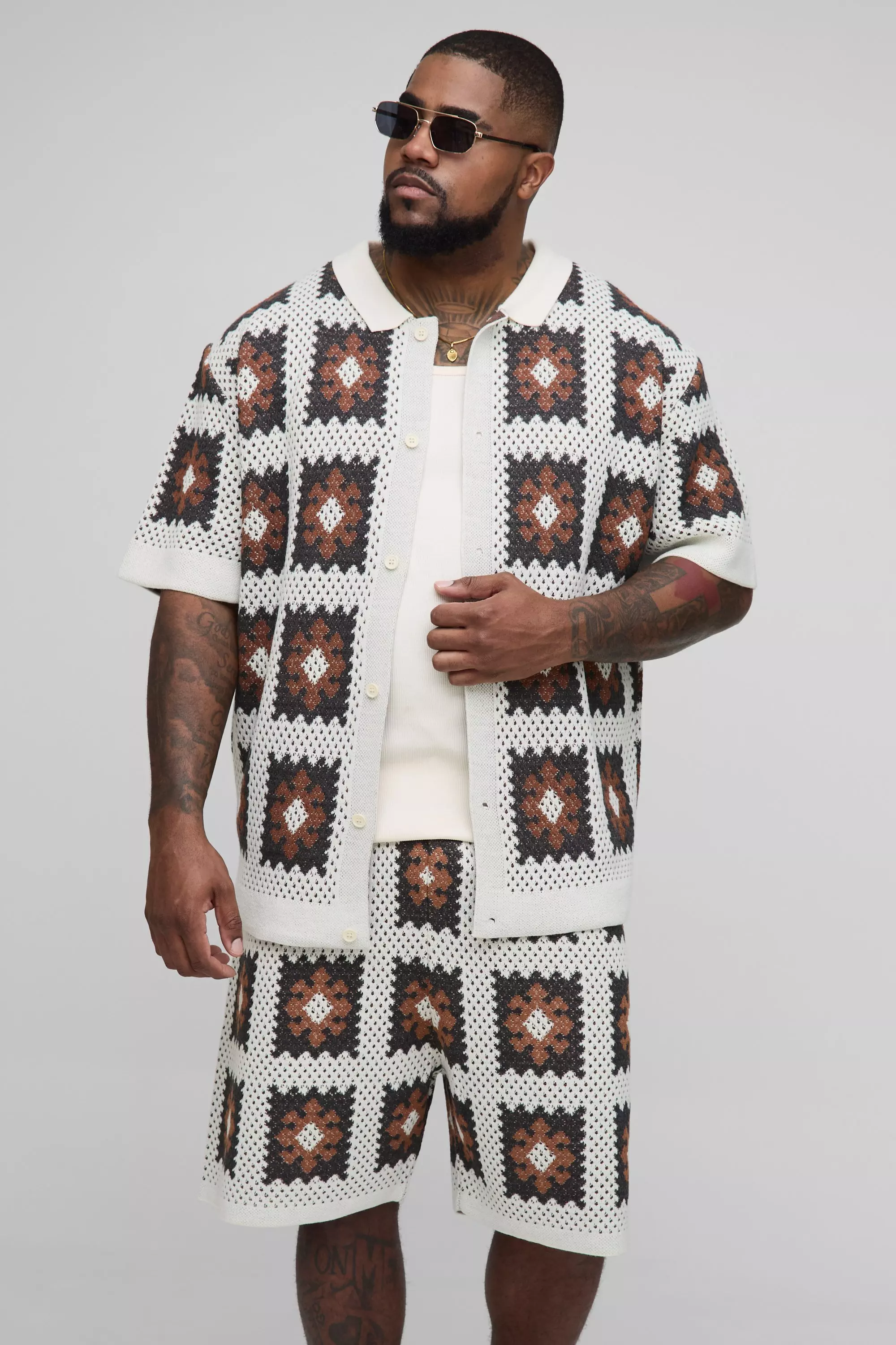Plus Regular Fit Crochet Shirt & Relaxed Short Set | boohooMAN USA