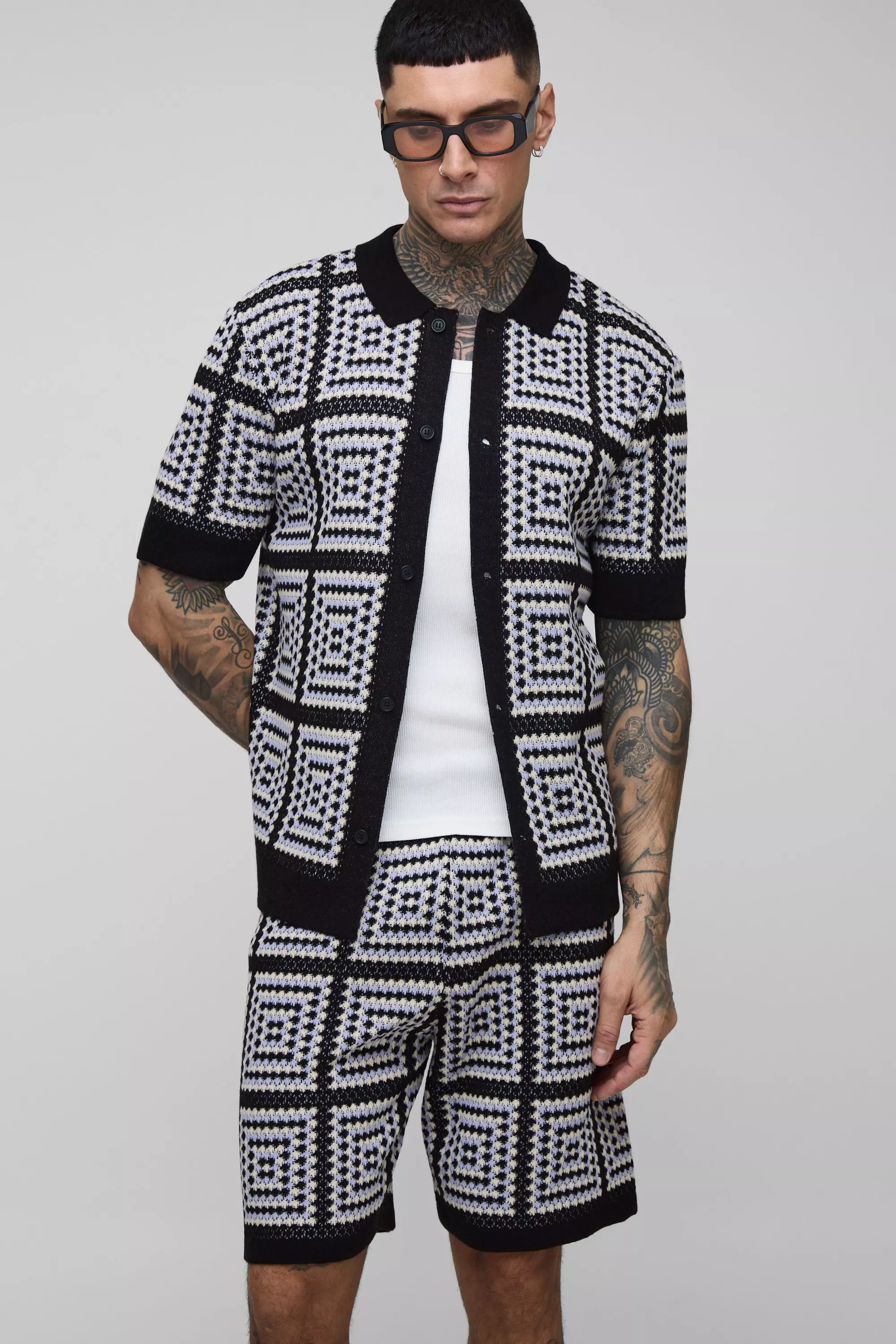 Tall Regular Fit Crochet Shirt & Relaxed Short Set | boohooMAN USA