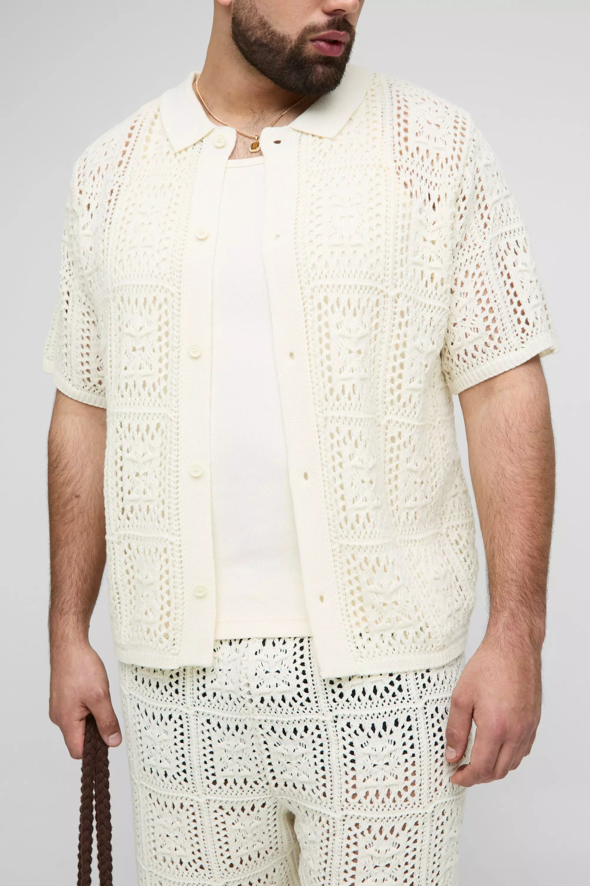 Ecru Plus Oversized Crochet Shirt & Short Set alternative image