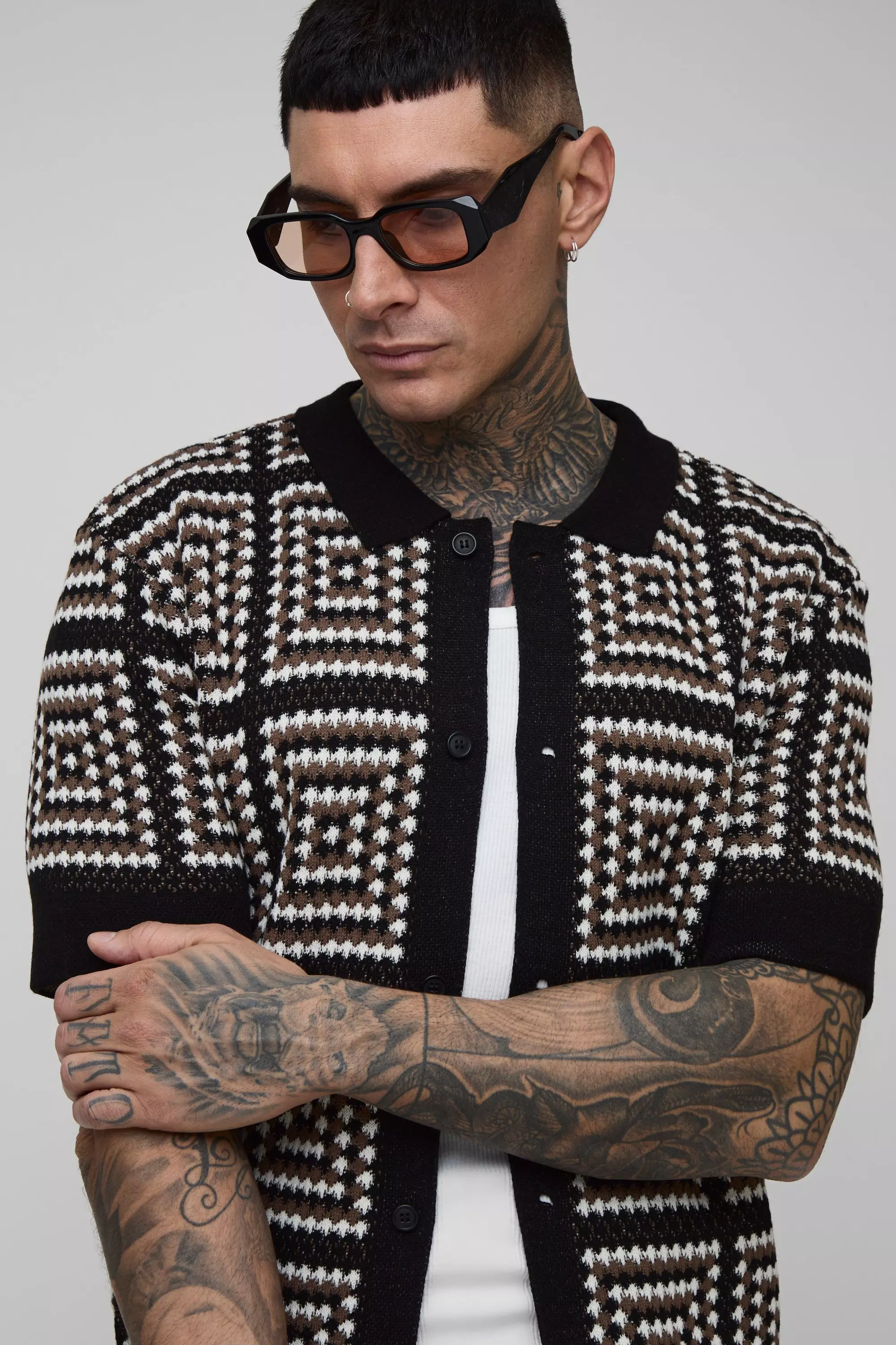 Tall Regular Fit Crochet Shirt & Relaxed Short Set | boohooMAN USA
