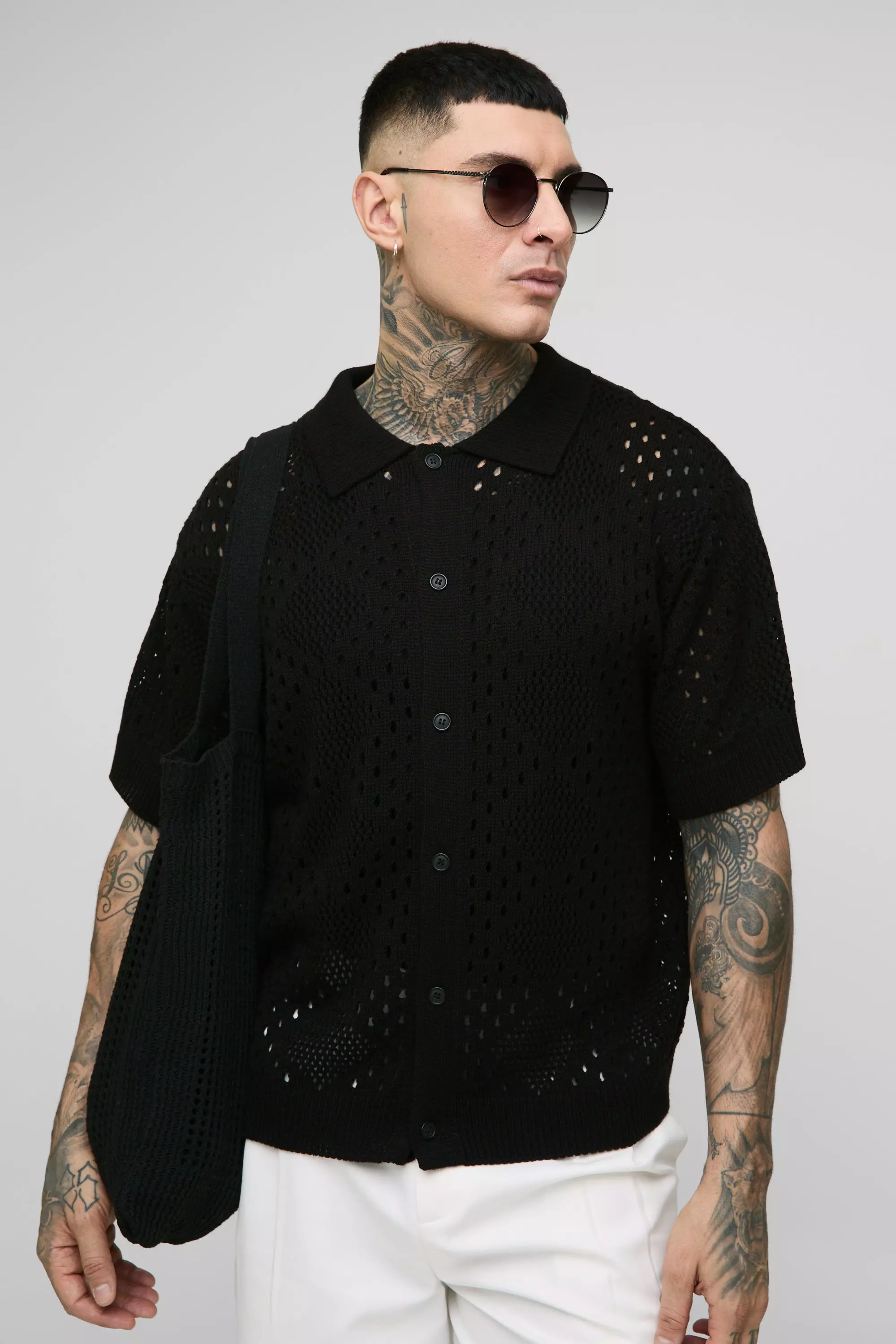Black Tall Open Stitch Knitted Oversized Shirt alternative image