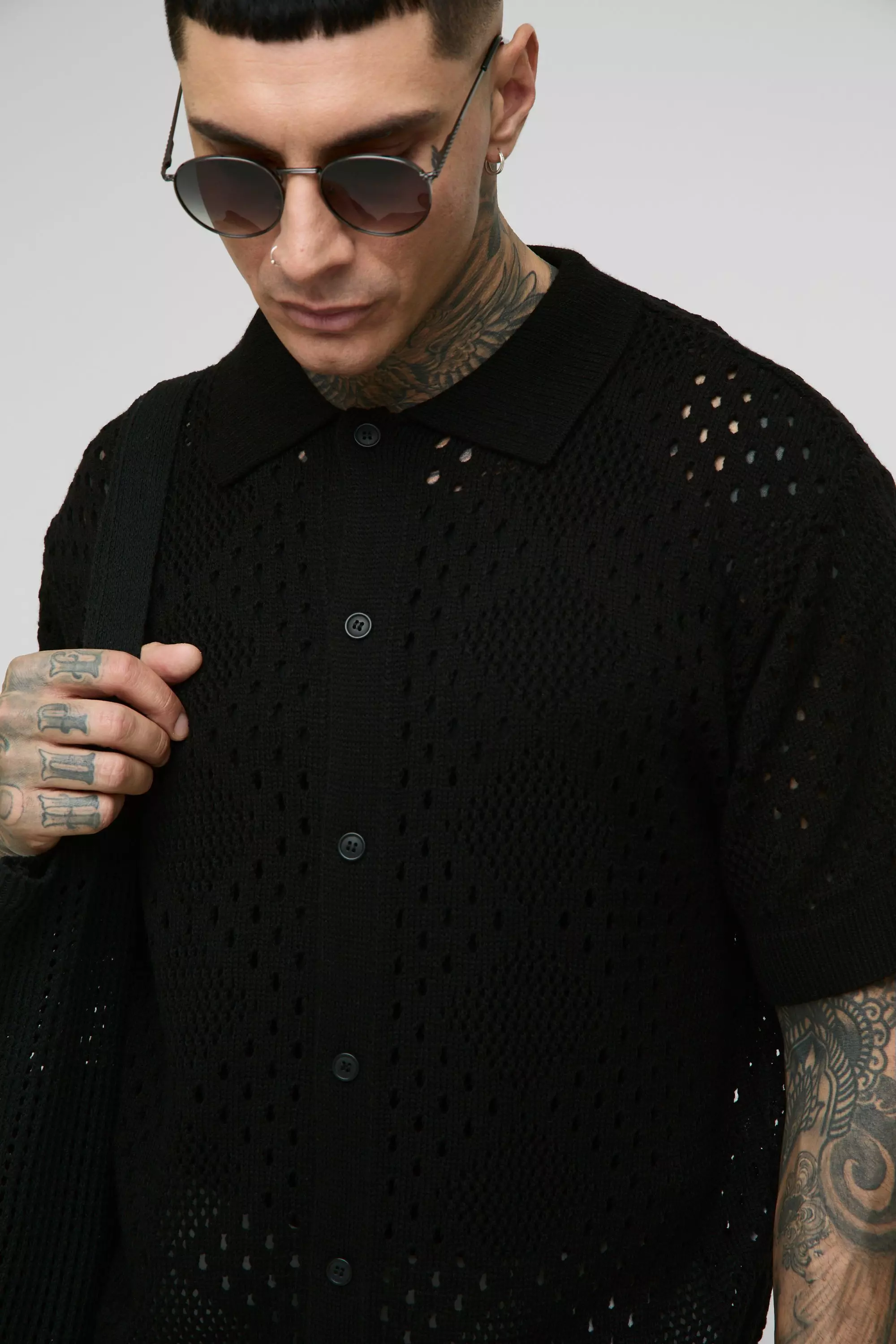 Black Tall Open Stitch Knitted Oversized Shirt alternative image