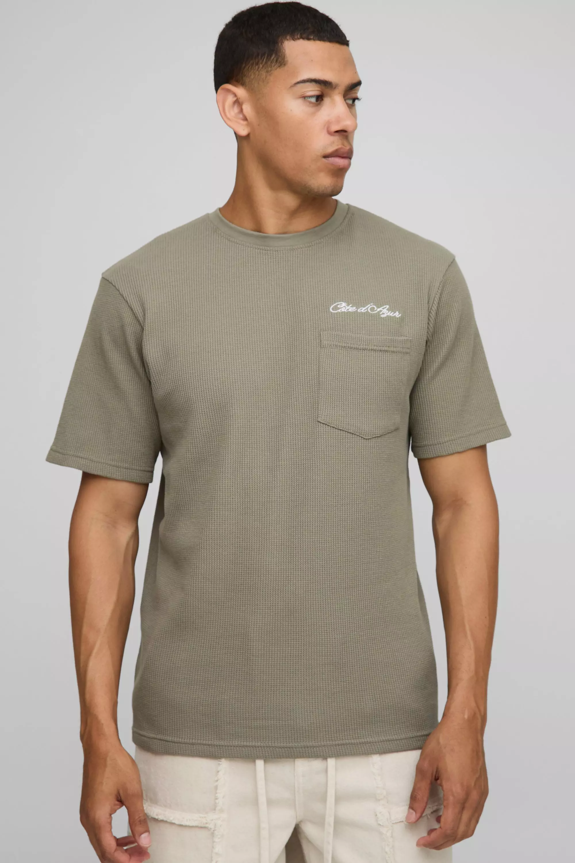 Regular Fit Homme Embroidered Pocket Waffle T-Shirt | boohooMAN USA
