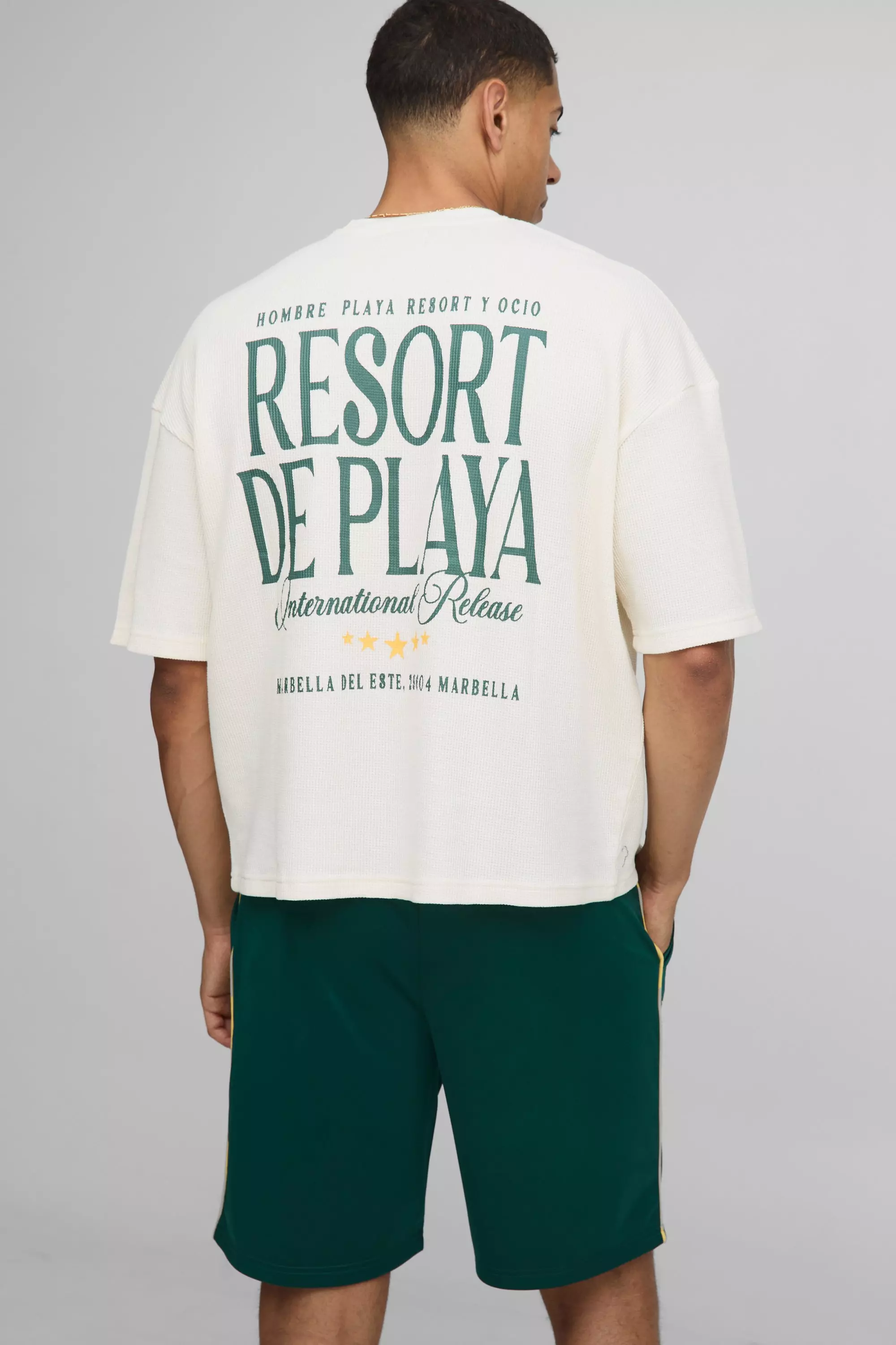 Oversized Boxy Waffle T-Shirt And Tricot Embroidered Short Set Forest