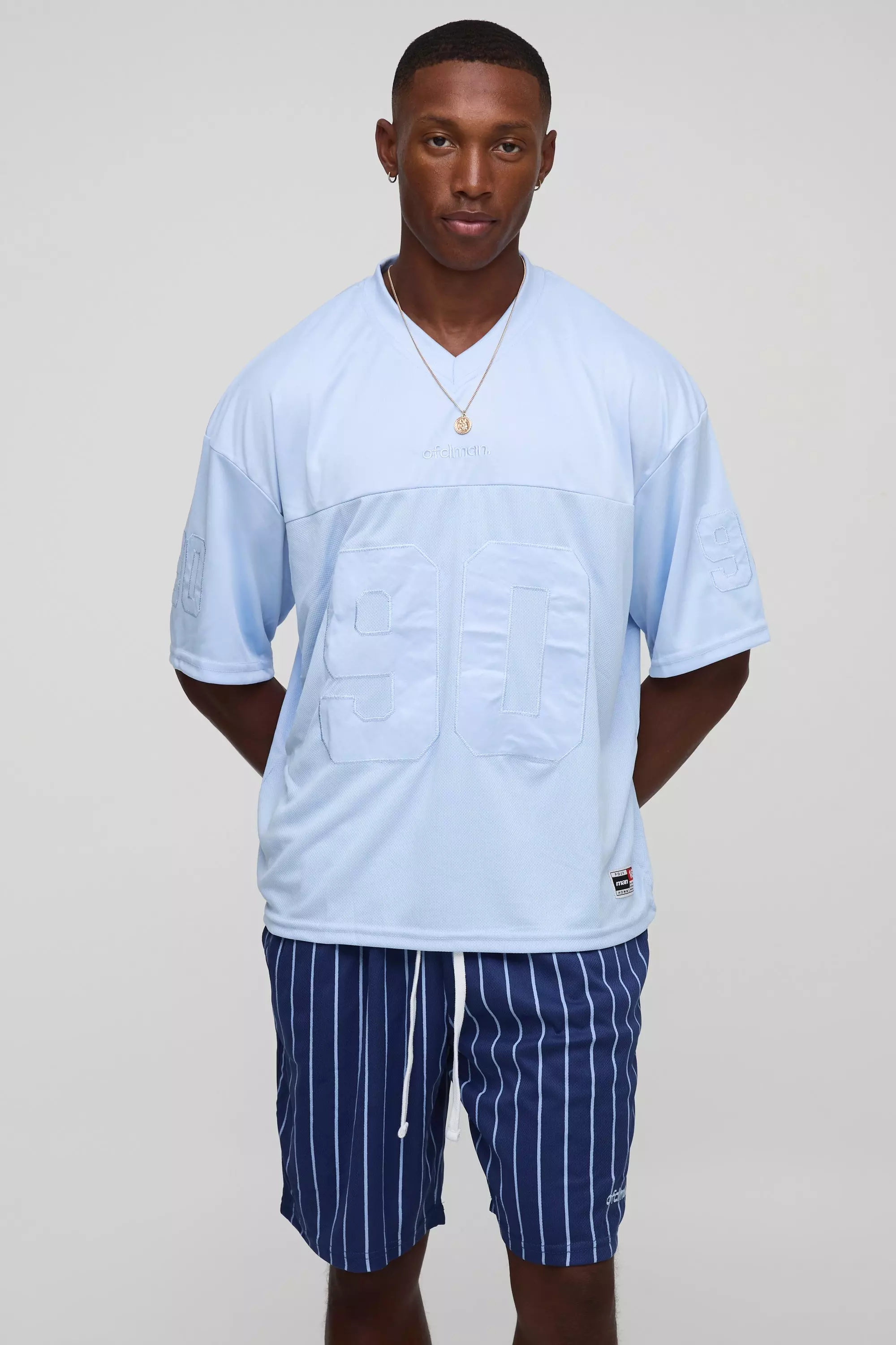 Oversized Boxy Hockey Mesh T-Shirt And Embroidered Short Set Blue