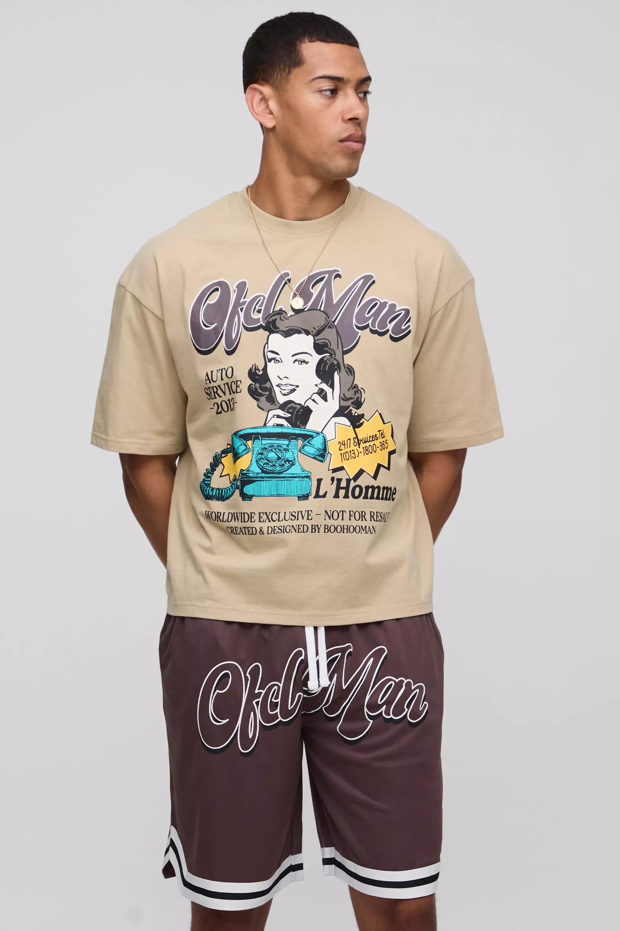 Oversized Boxy Graphic T-shirt And Basketball Short Set Brown