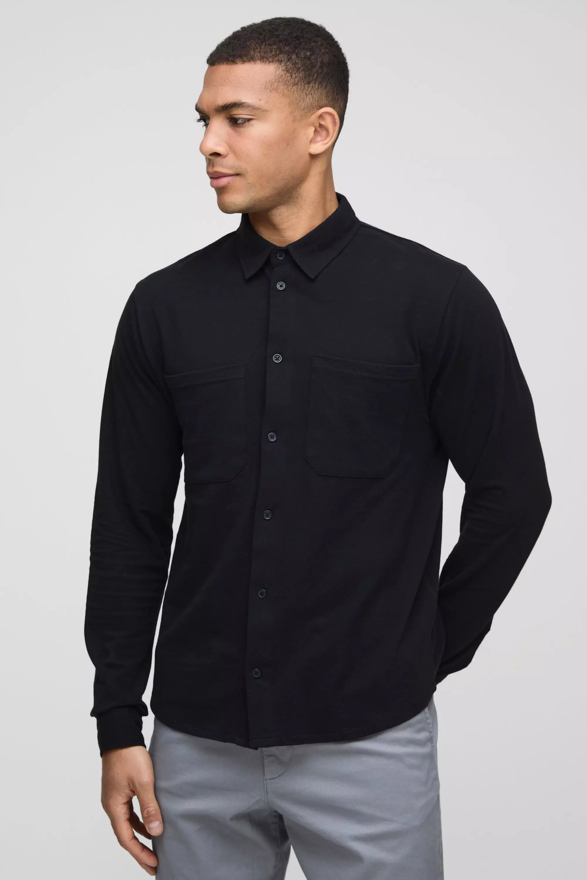 Regular Fit Pique Button Down Collar Pocket Detail Jersey Shirt Black