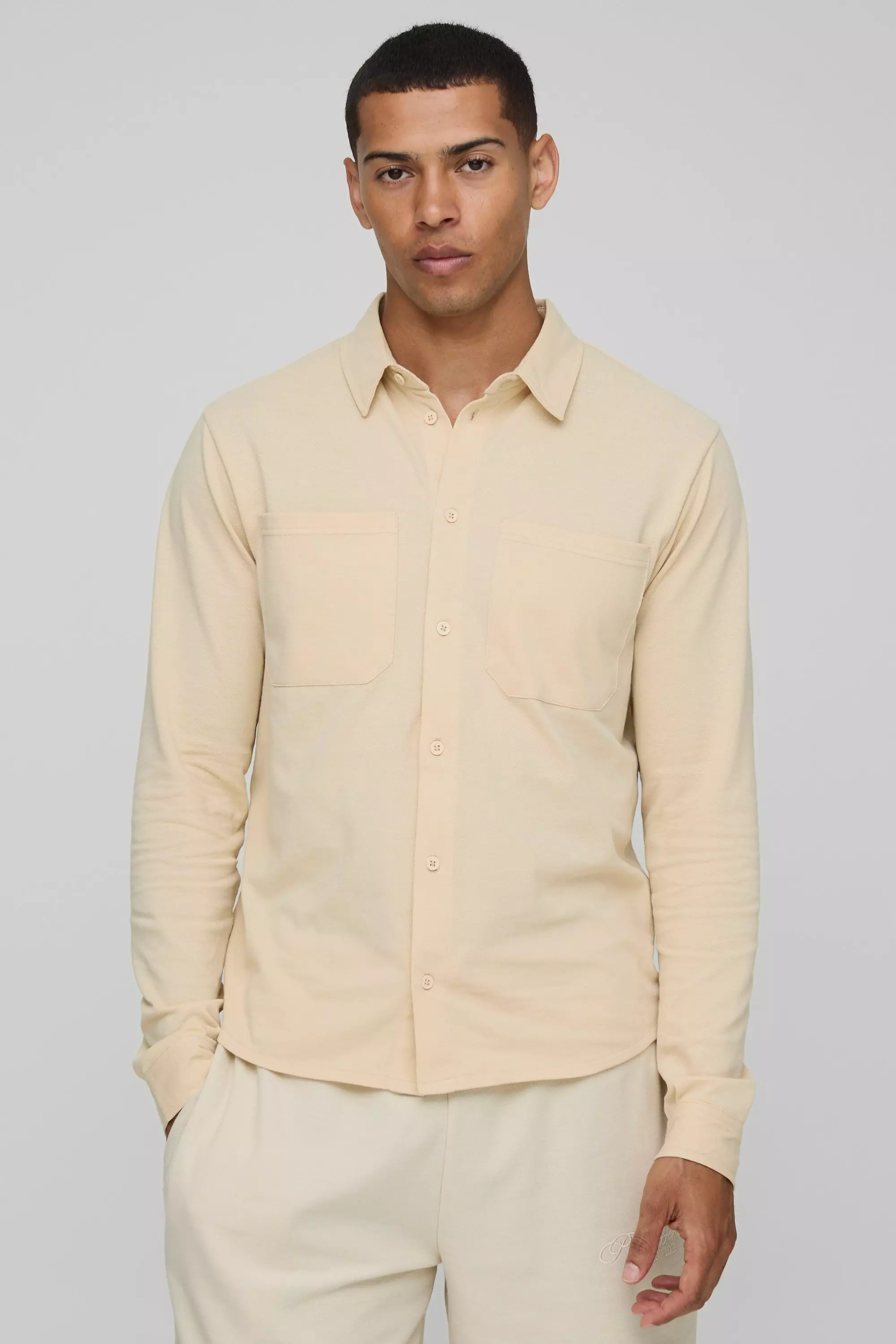 Regular Fit Pique Button Down Collar Pocket Detail Jersey Shirt Sand