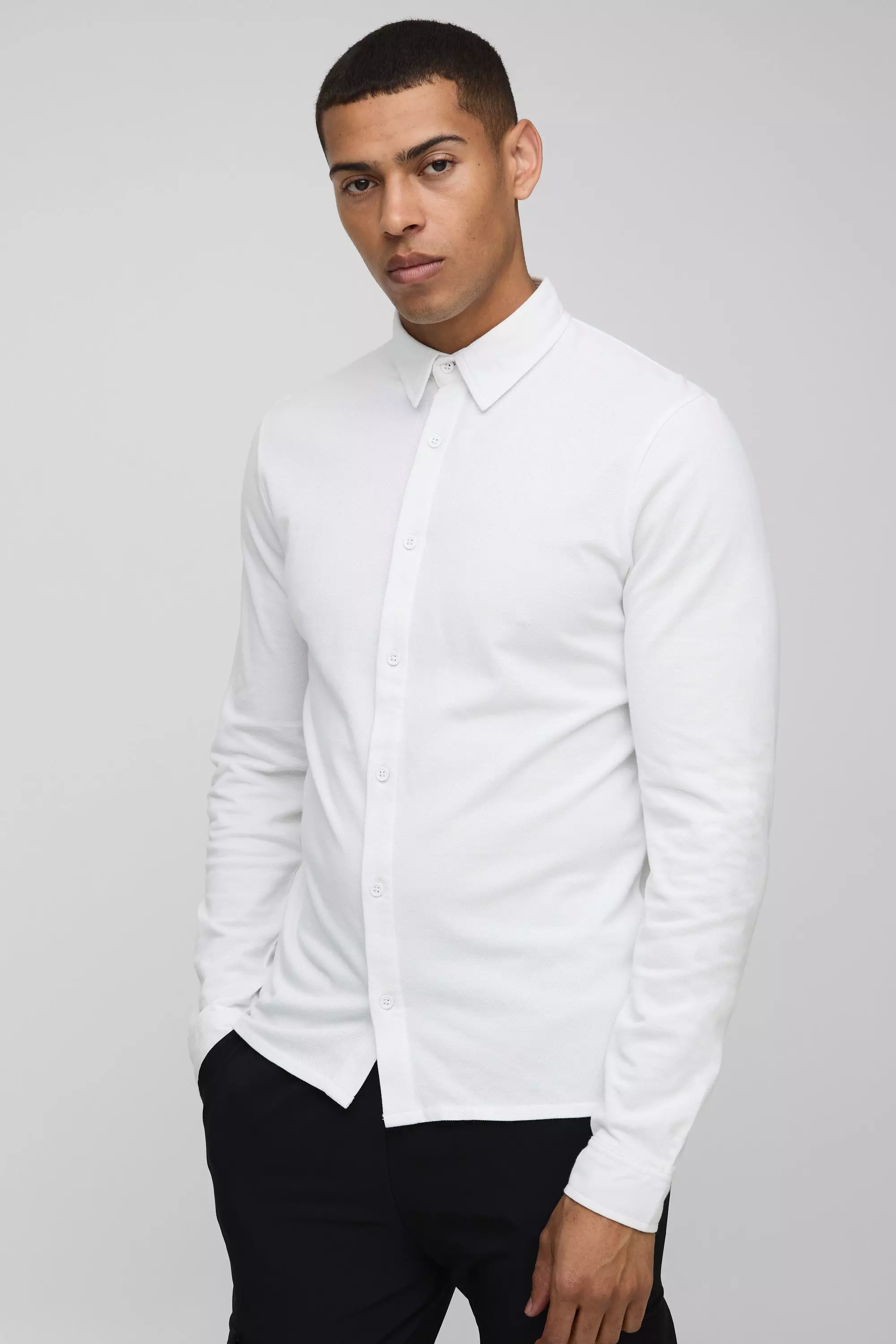 White Slim Fit Pique Button Down Collar Jersey Shirt alternative image