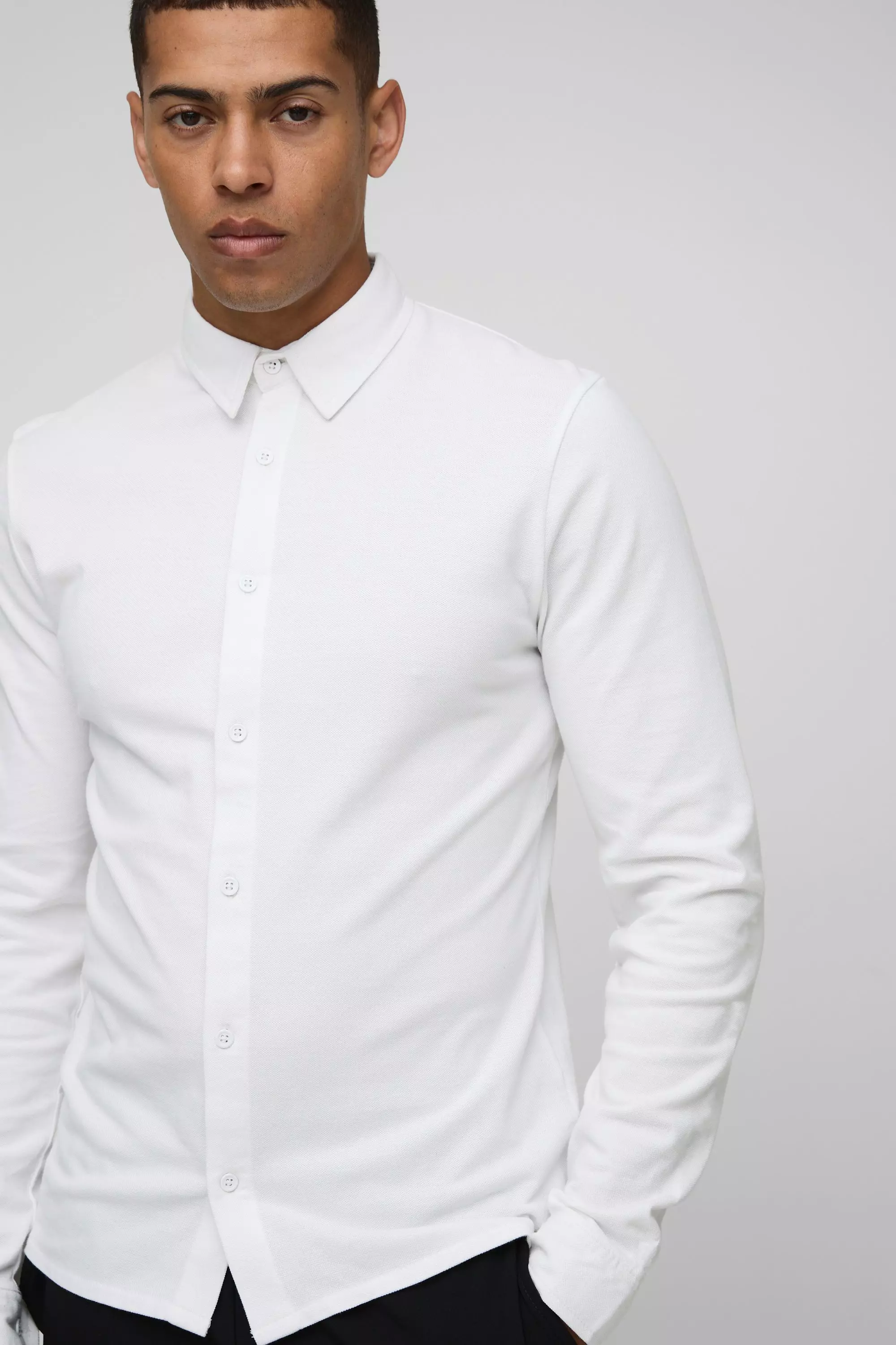 White Slim Fit Pique Button Down Collar Jersey Shirt alternative image