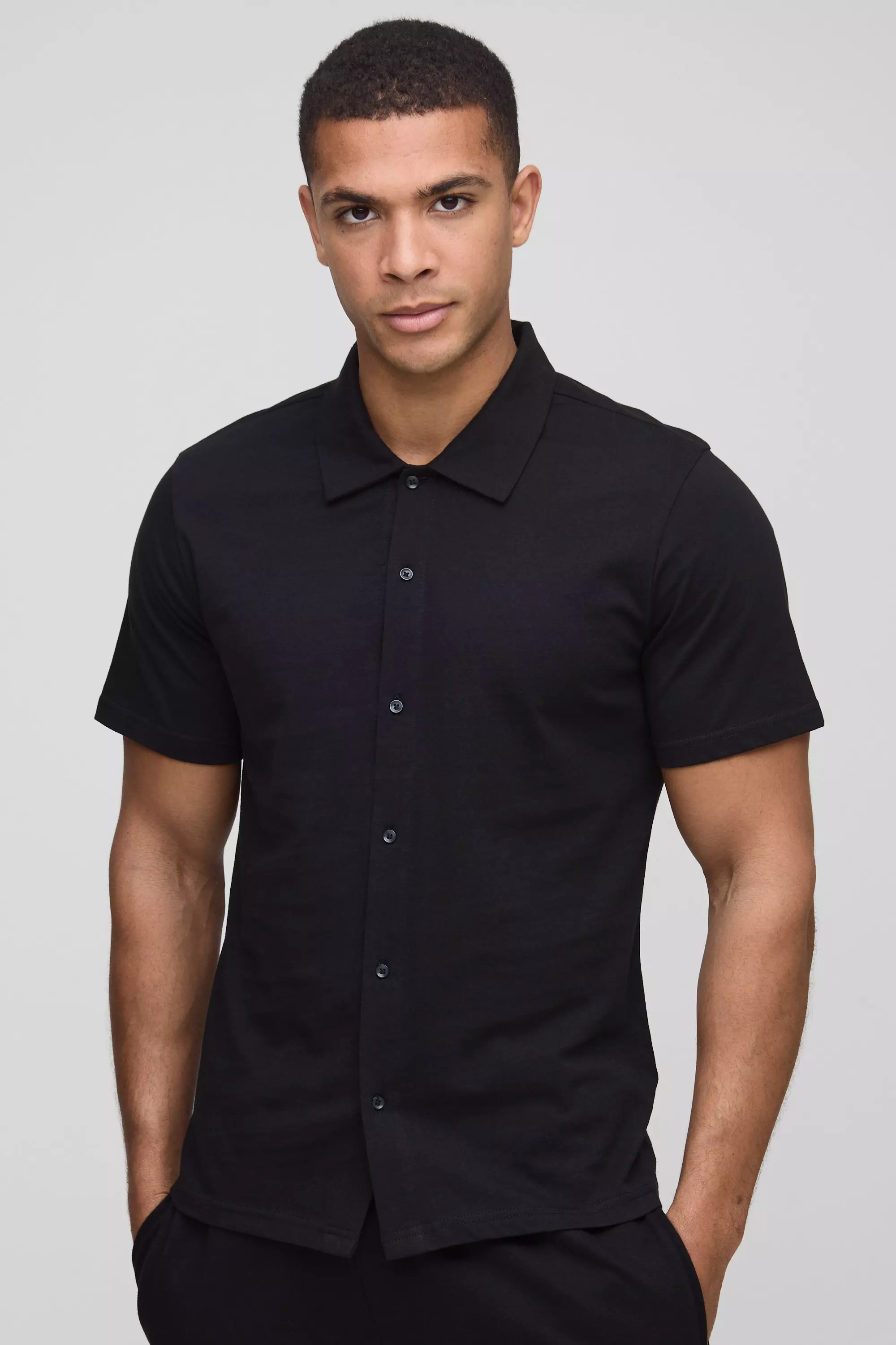 Black Jersey Slim Fit Overhemd Met Korte Mouwen alternatieve afbeelding