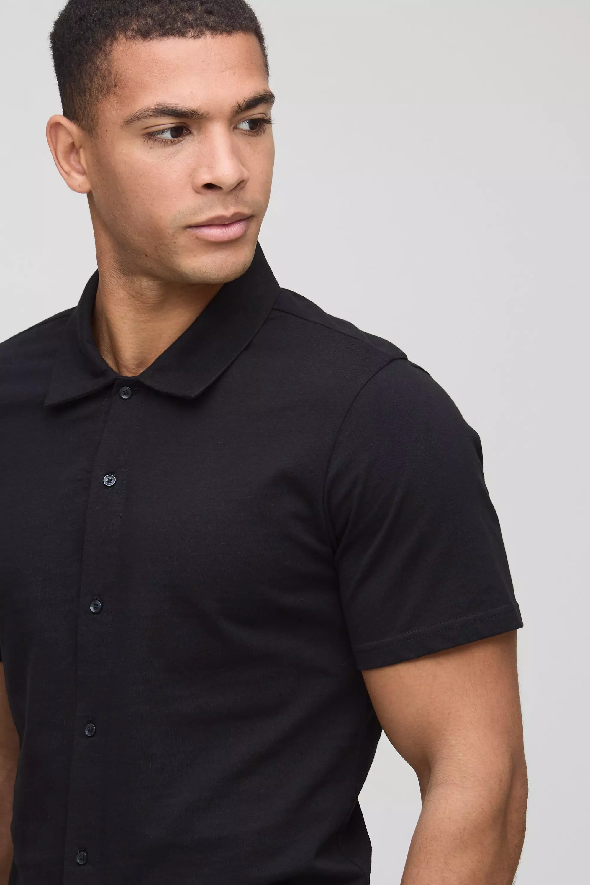 Black Jersey Slim Fit Overhemd Met Korte Mouwen alternatieve afbeelding