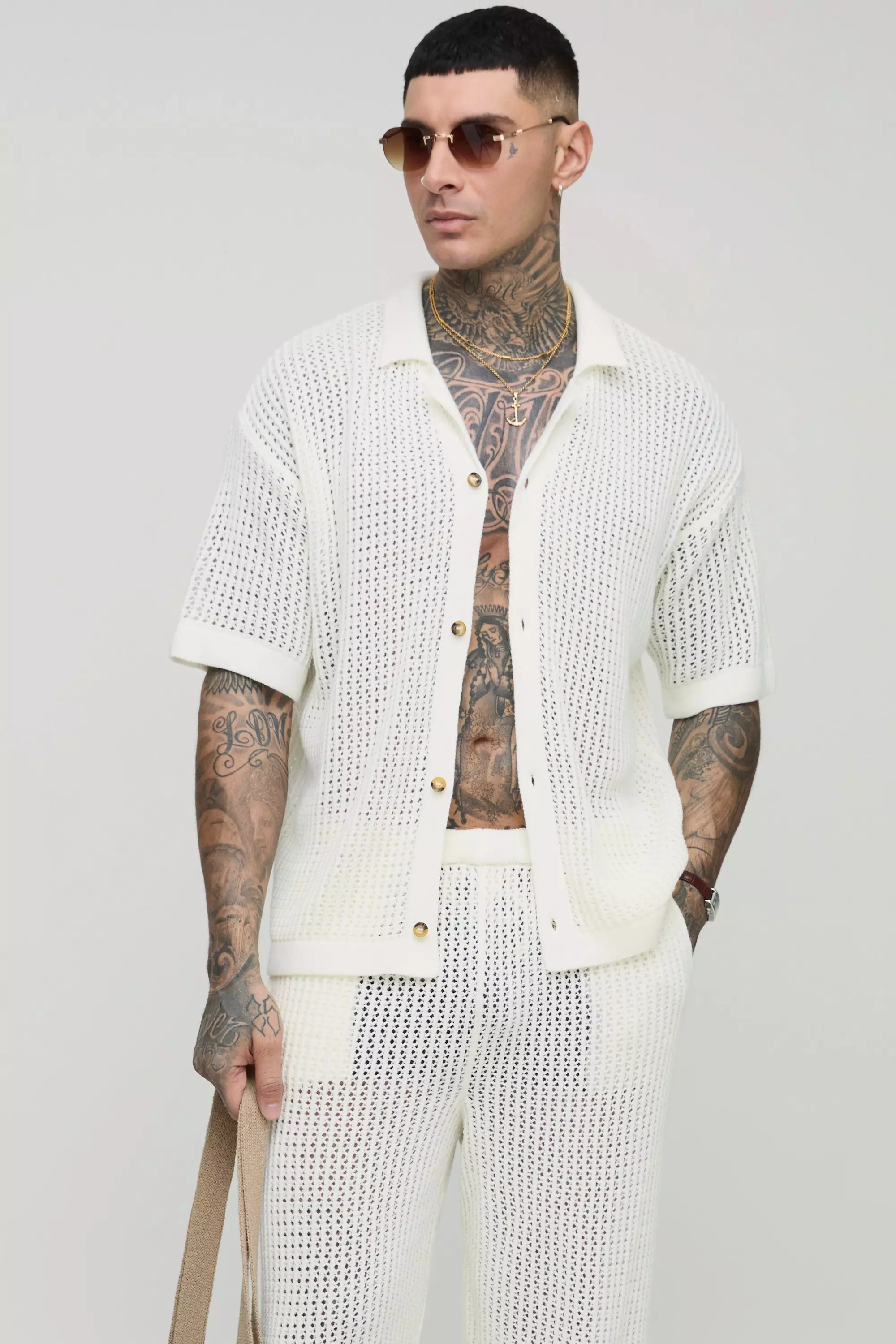 Tall Oversized Revere Knitted Shirt & Relaxed Trouser Set Ecru