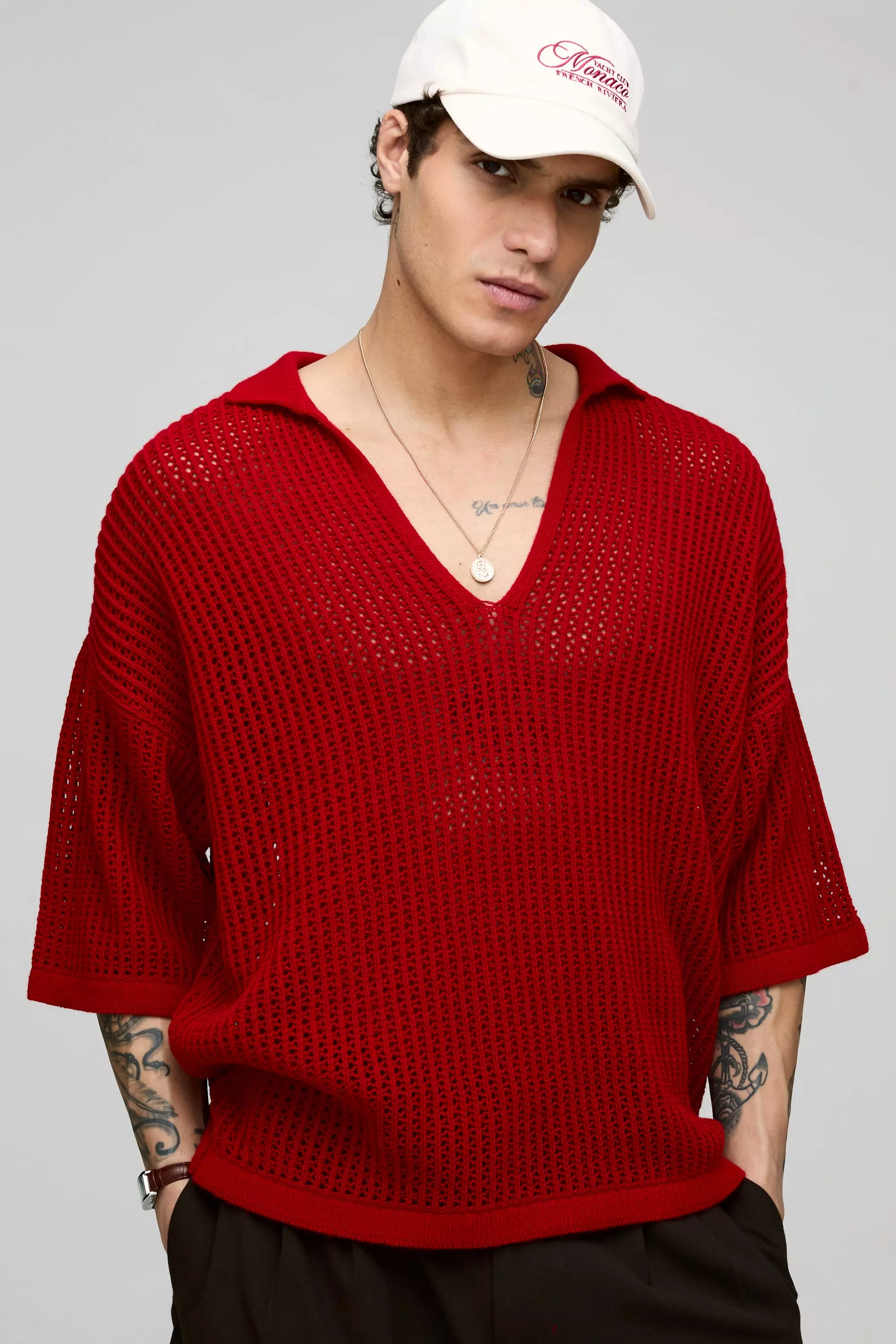 Red Oversized Open Stitch Knitted V Neck Polo alternative image