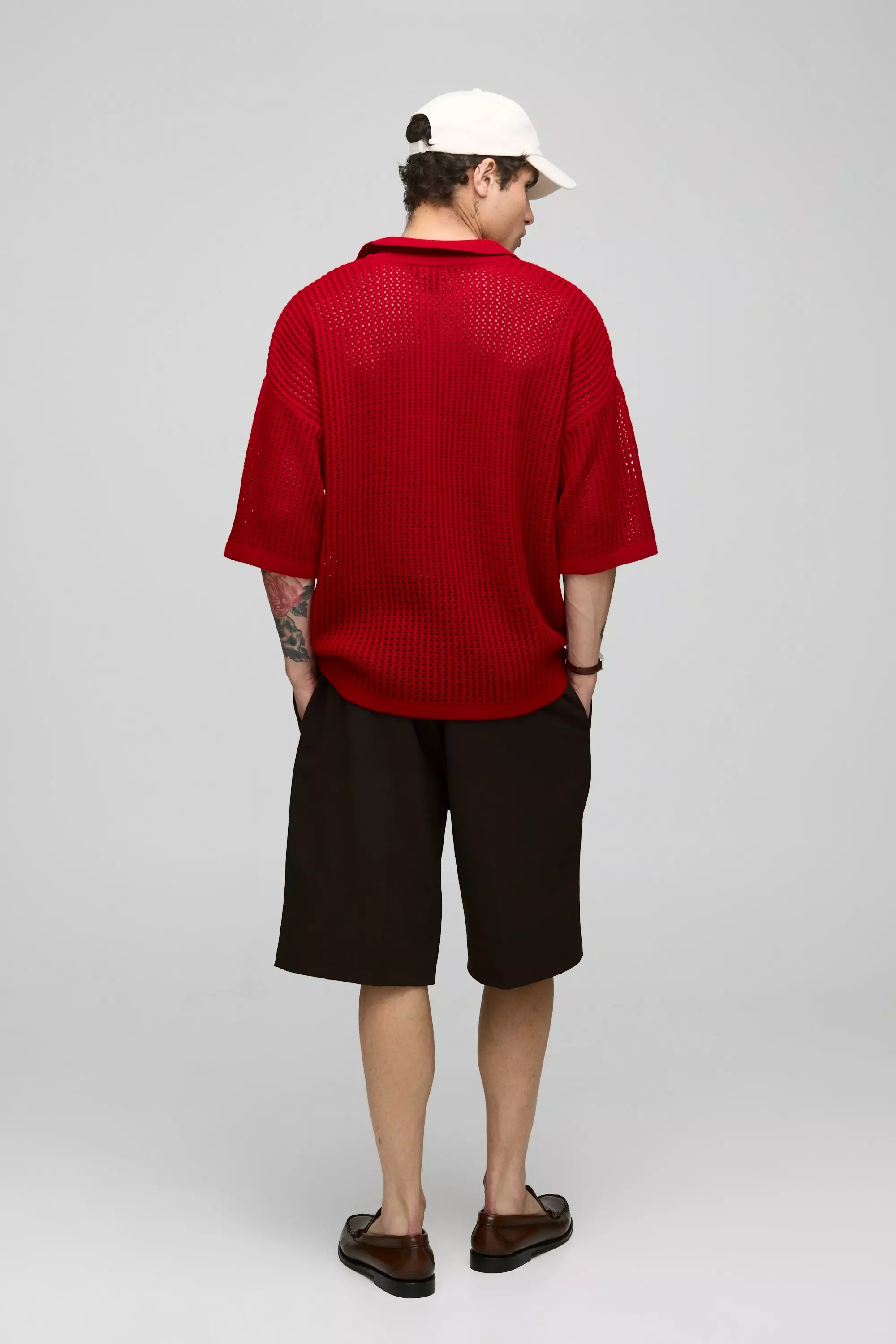 Oversized Open Stitch Knitted V Neck Polo | boohooMAN USA