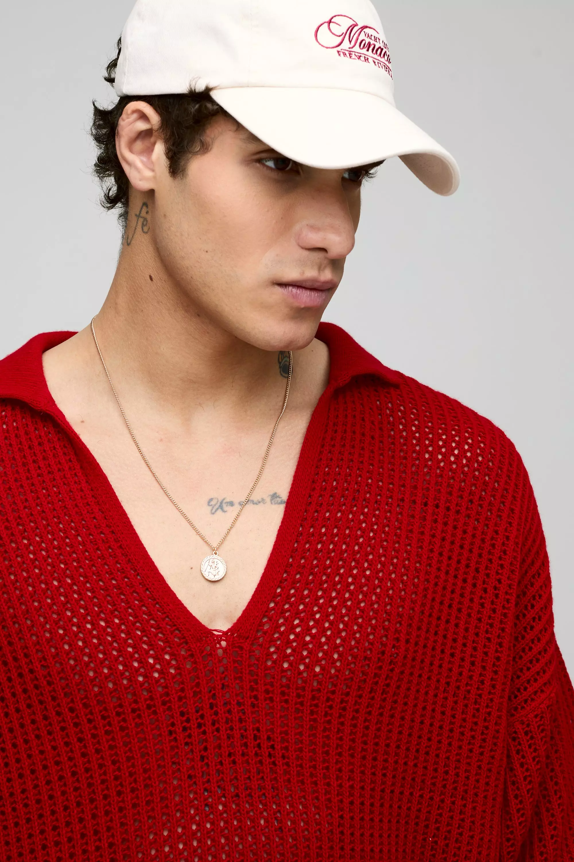 Red Oversized Open Stitch Knitted V Neck Polo alternative image
