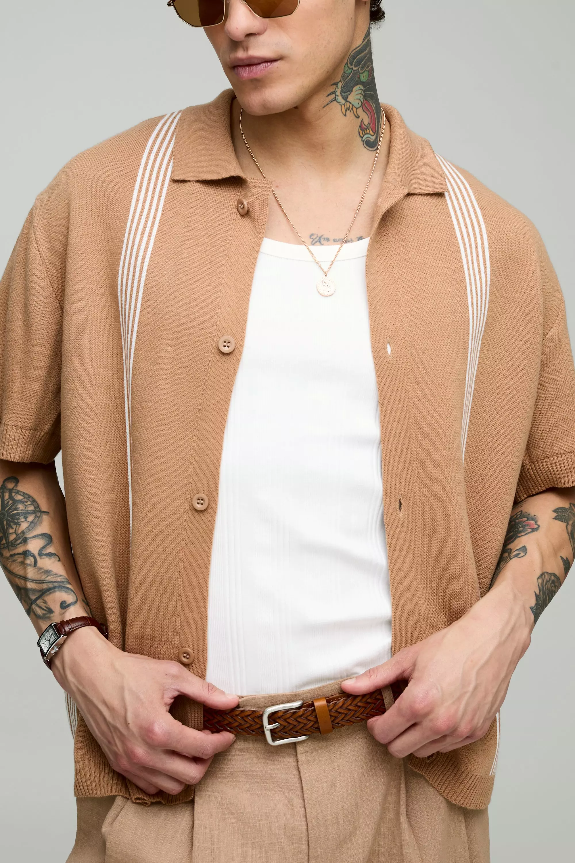 Brown Gebreid Gestreept Boxy Overhemd alternatieve afbeelding
