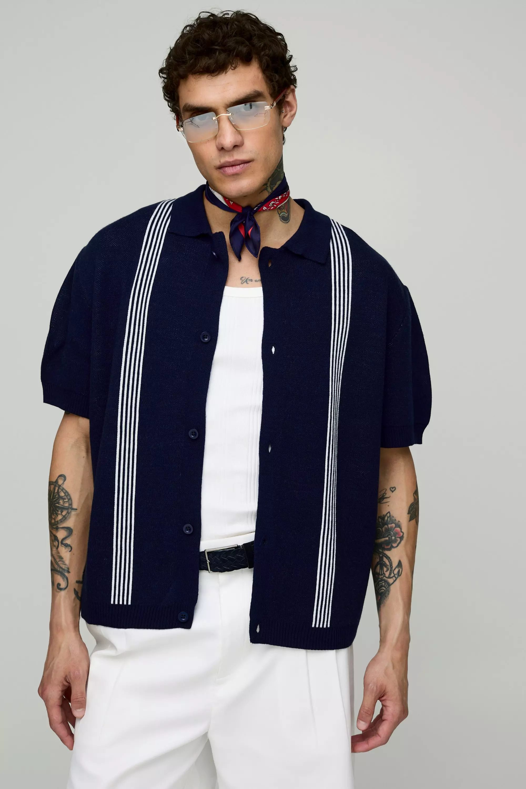 Navy Gebreid Gestreept Boxy Overhemd alternatieve afbeelding