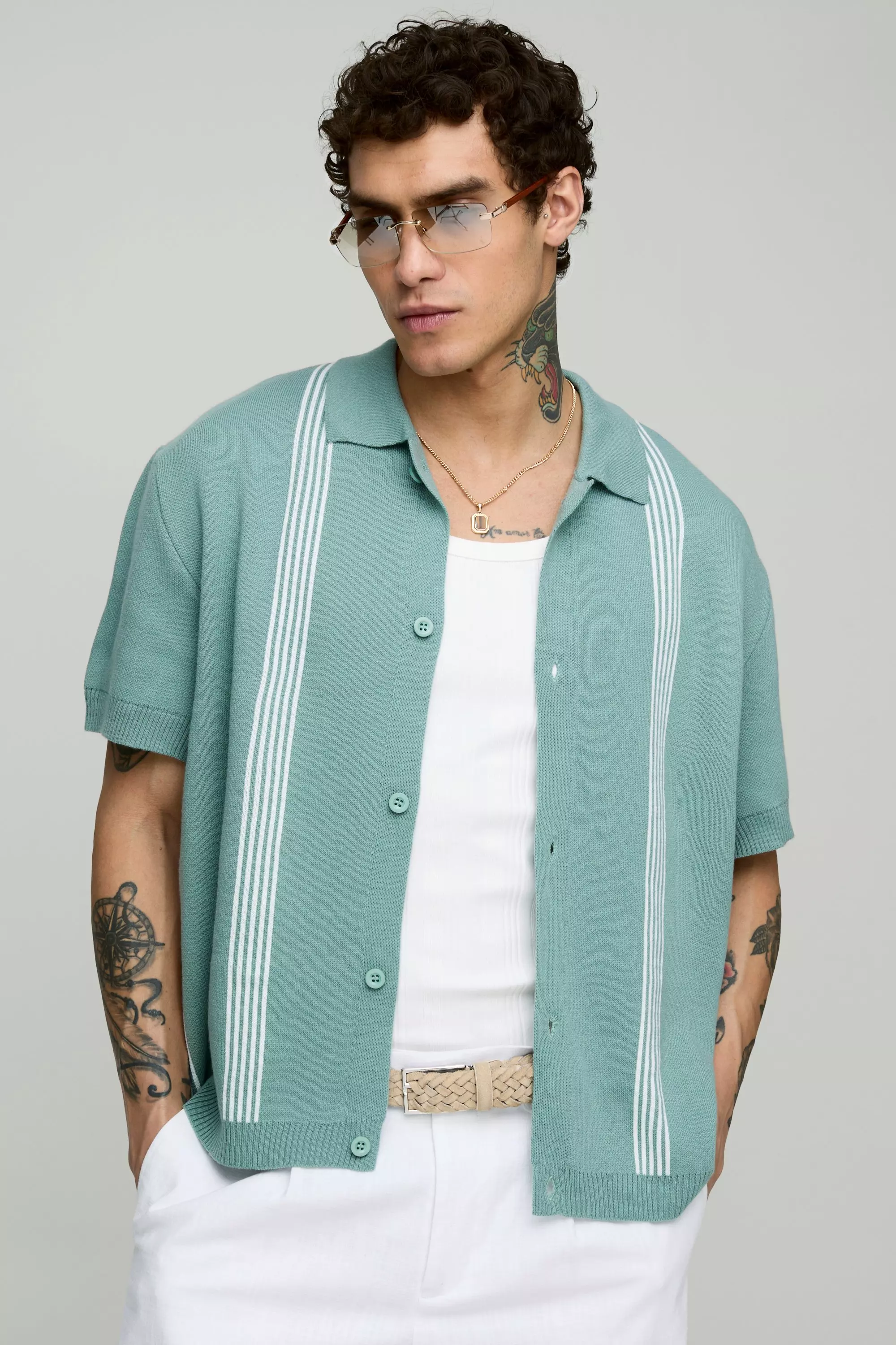 Camicia squadrata in maglia a righe, Sage immagine alternativa