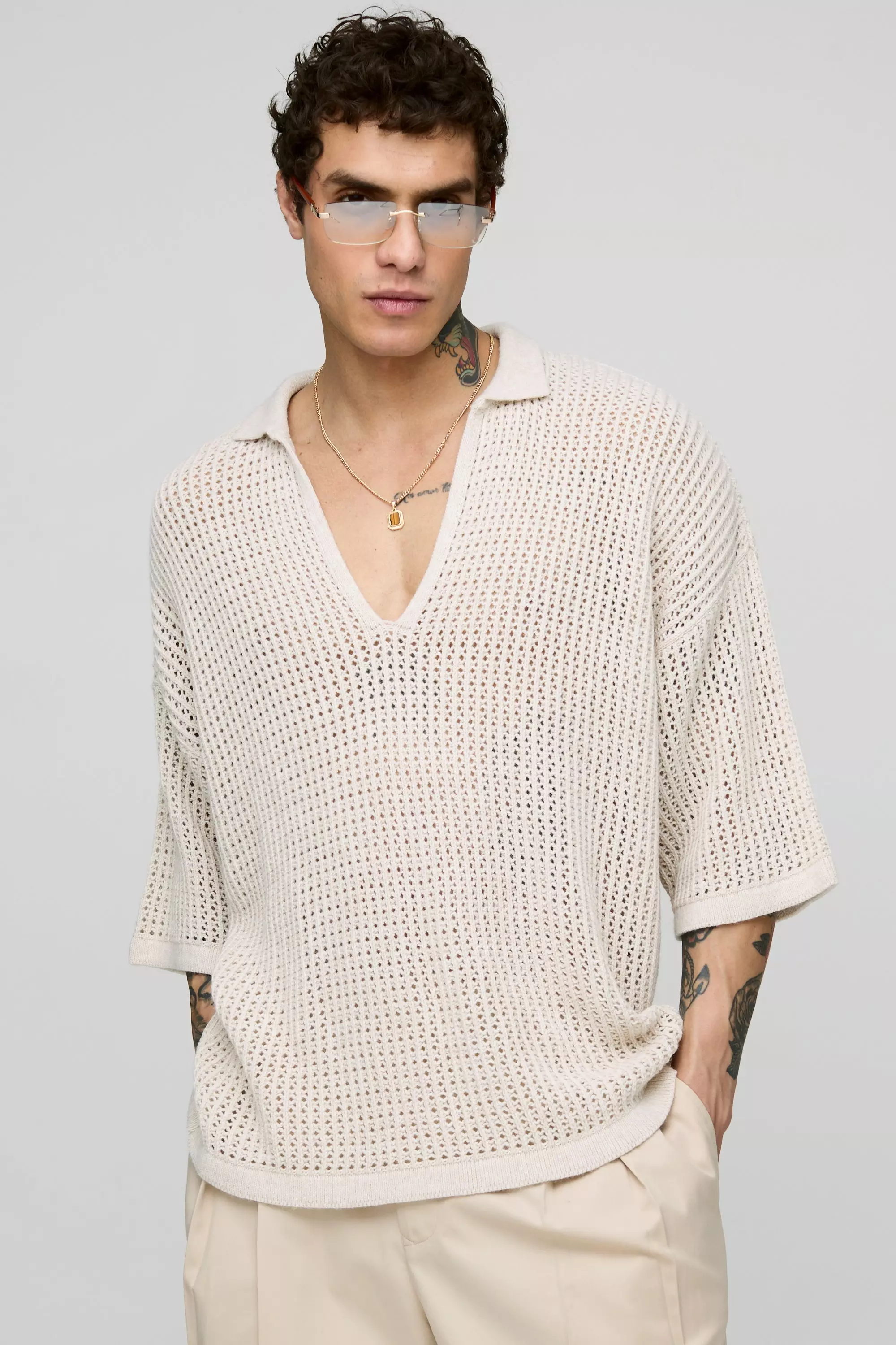 Stone Oversized Open Stitch Knitted V Neck Polo alternative image