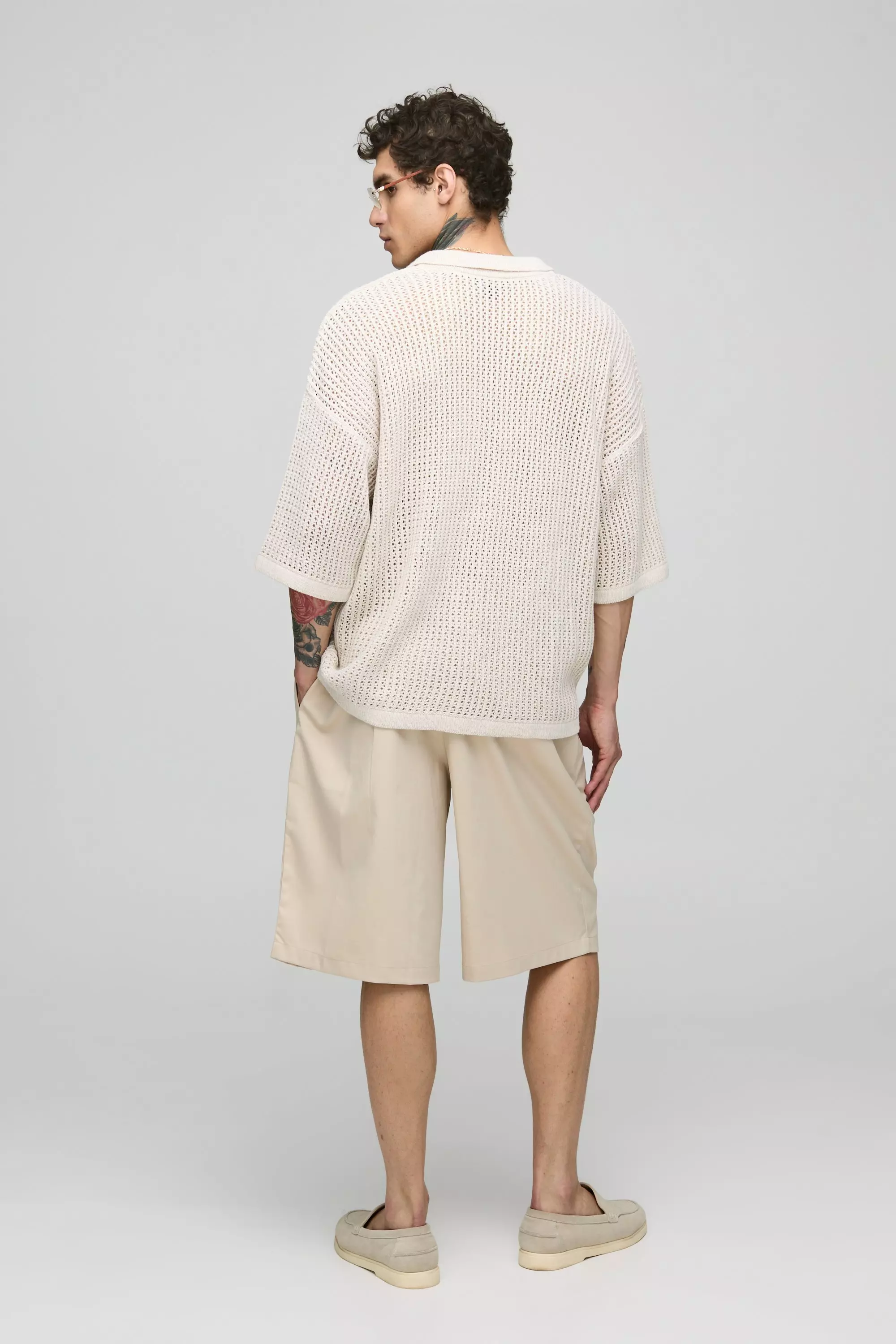 Stone Oversized Open Stitch Knitted V Neck Polo alternative image