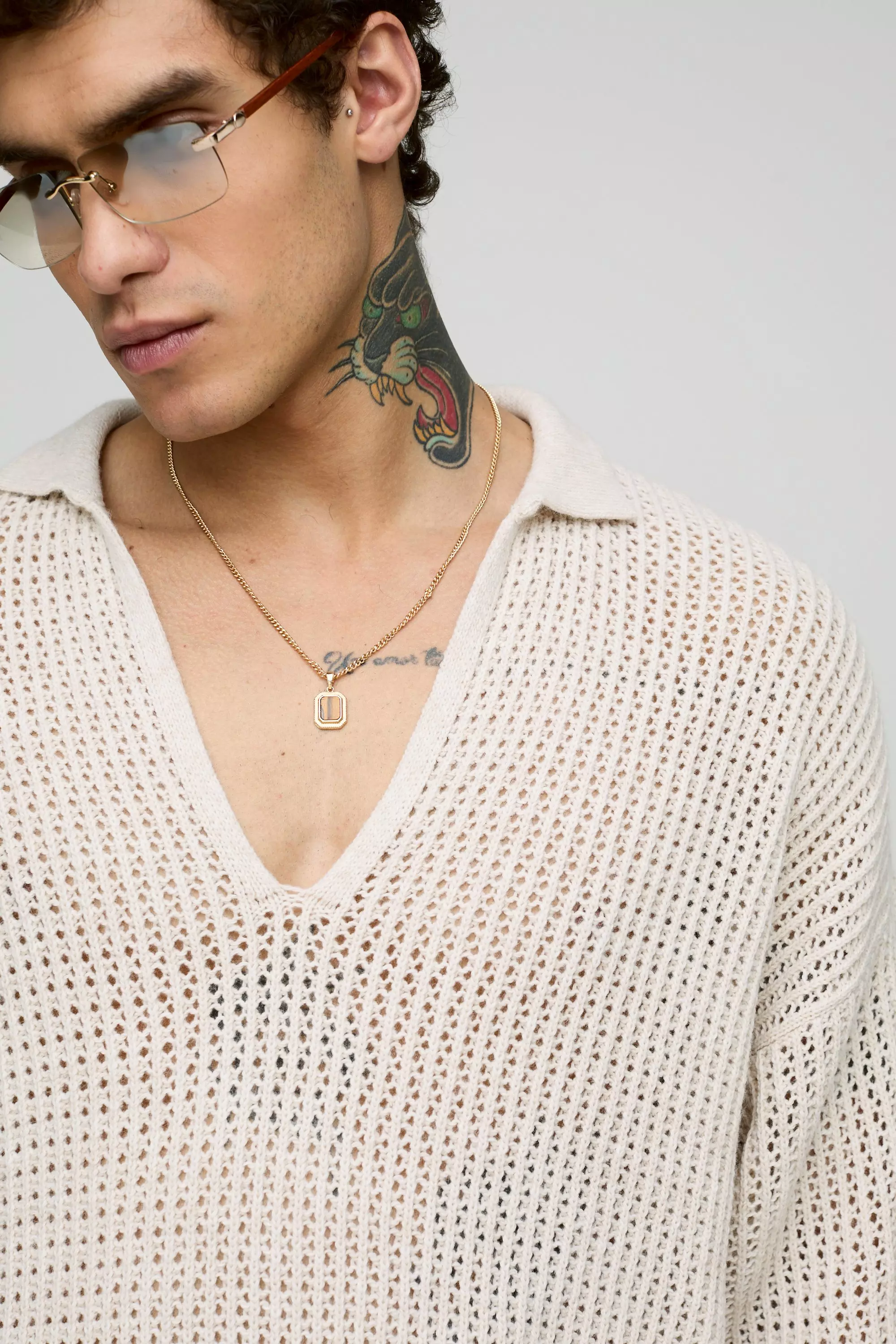 Stone Oversized Open Stitch Knitted V Neck Polo alternative image