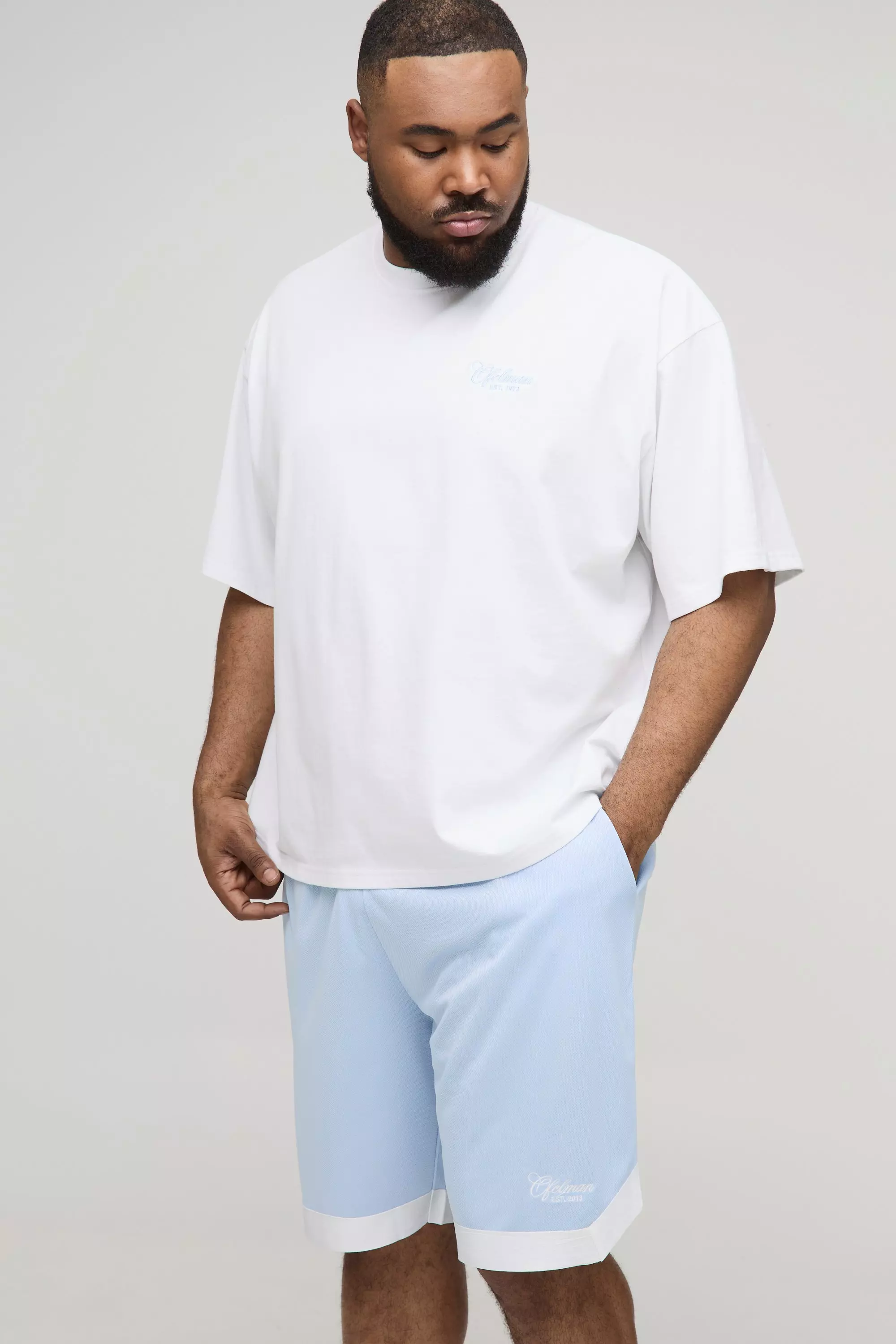 Plus Oversized Boxy Embroidered Basketball T-Shirt & Shorts Set | boohooMAN USA