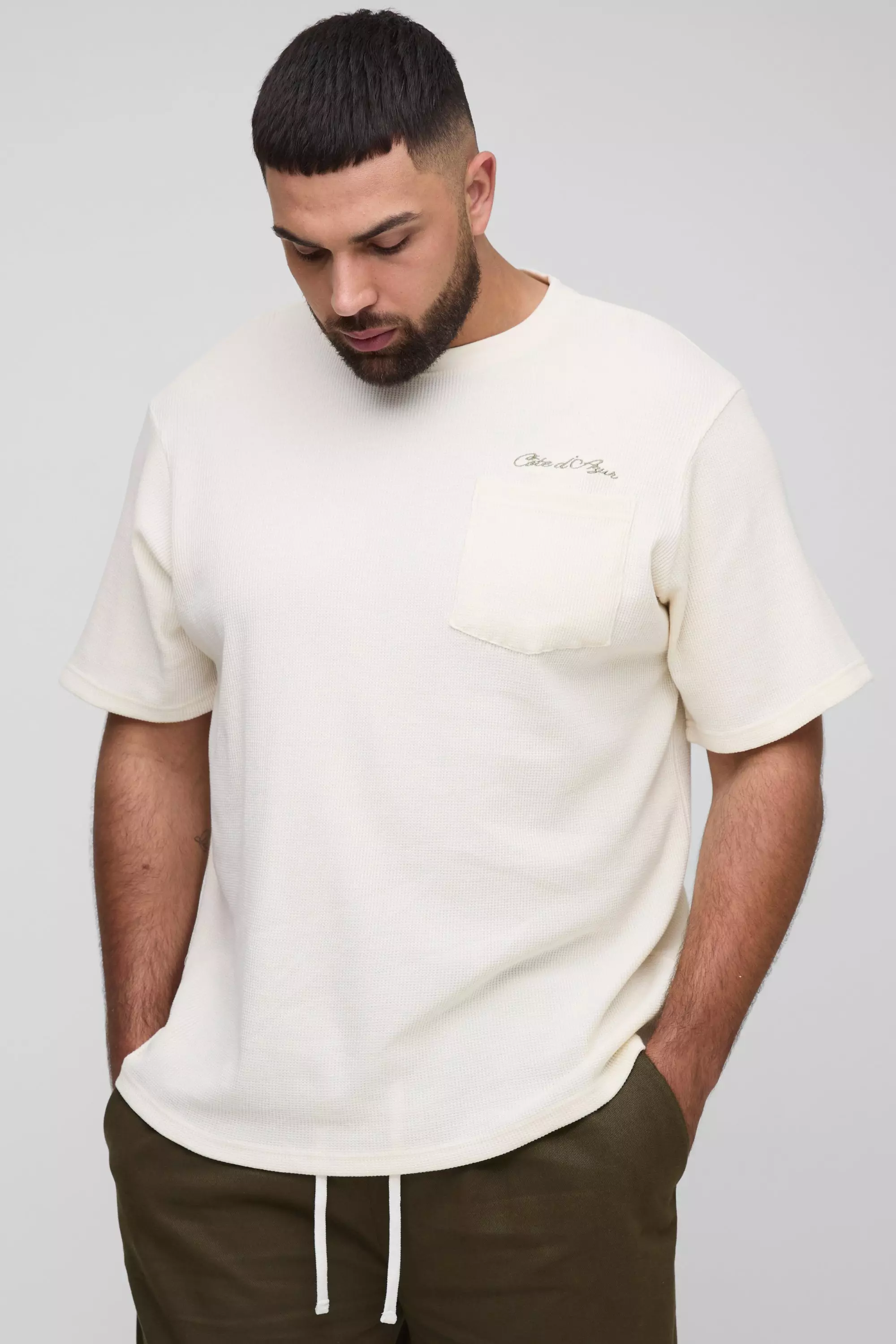 Plus Homme Embroidered Pocket Oversized Waffle T-Shirt Ecru