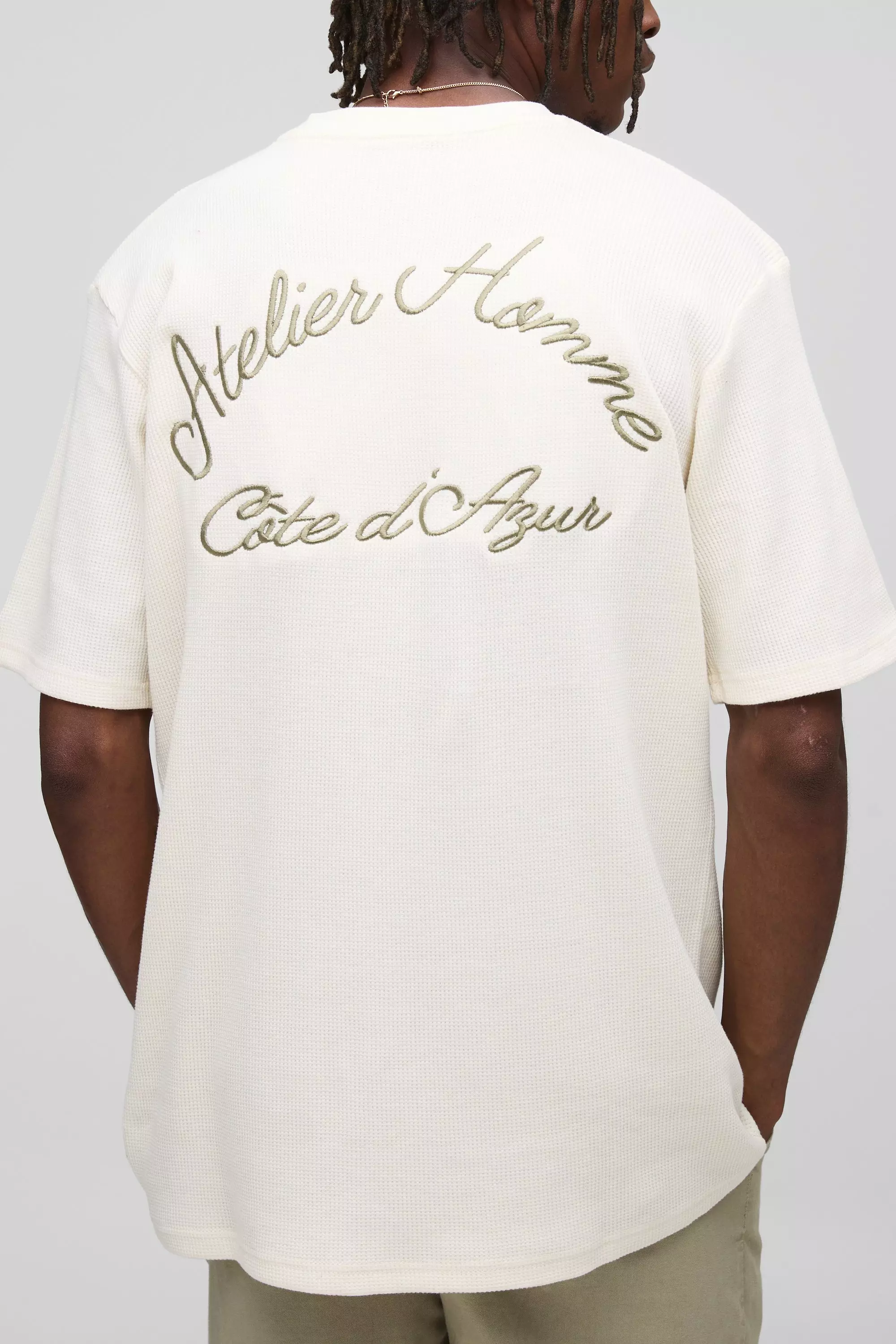 Tall Homme Embroidered Pocket Oversized Waffle T-Shirt Ecru