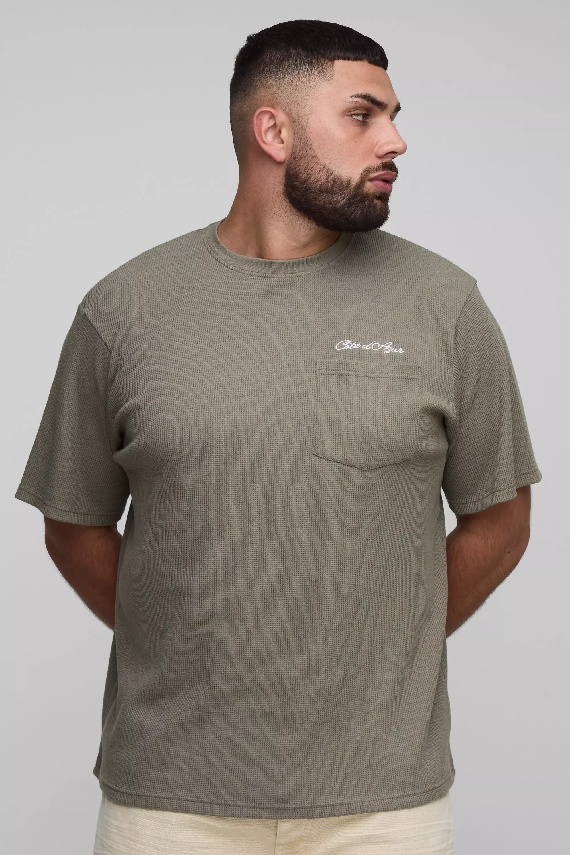 Plus Homme Embroidered Pocket Oversized Waffle T-Shirt Sage