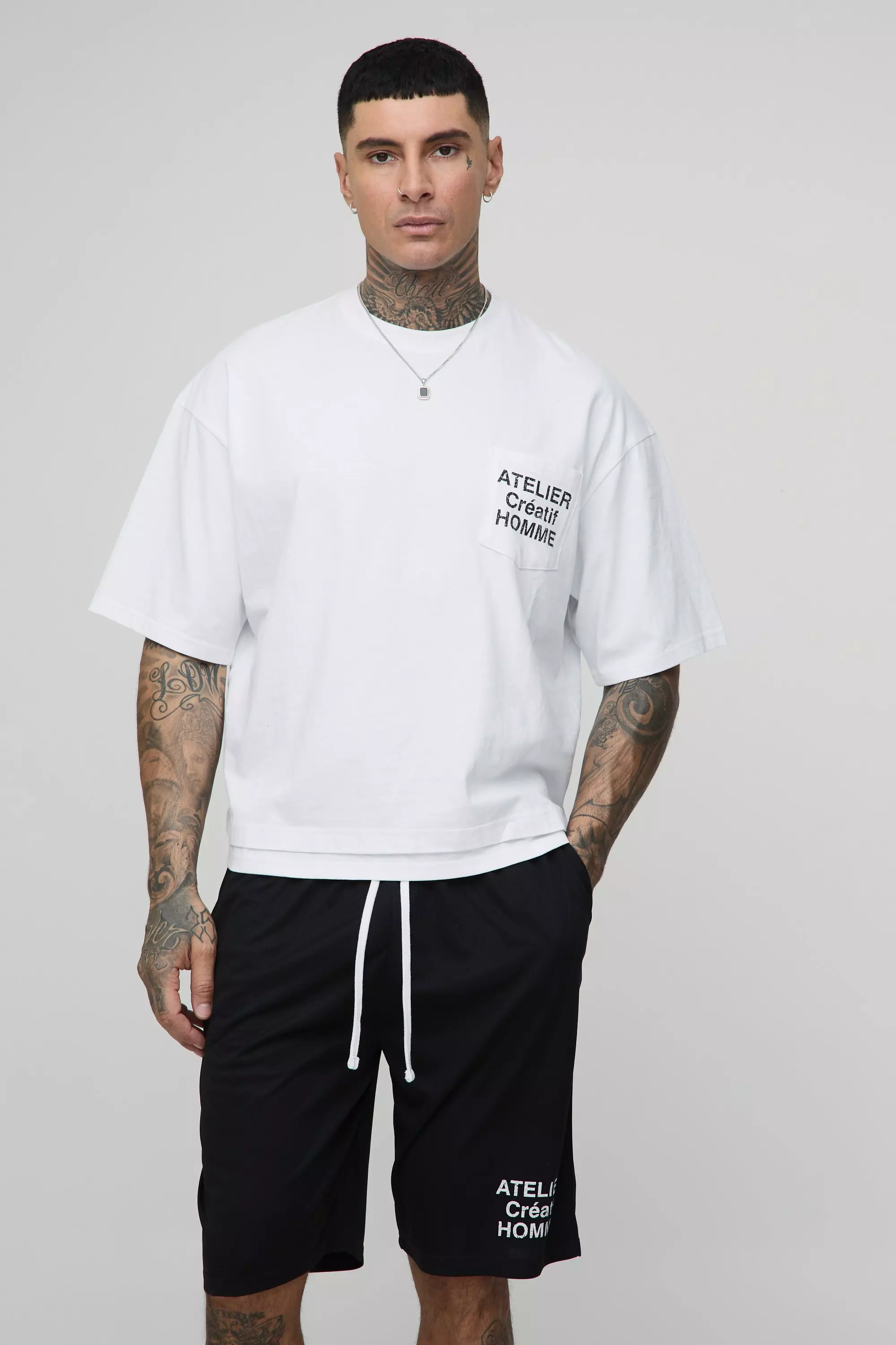 Tall Oversized Boxy Faux Layer T-Shirt & Shorts Set Black