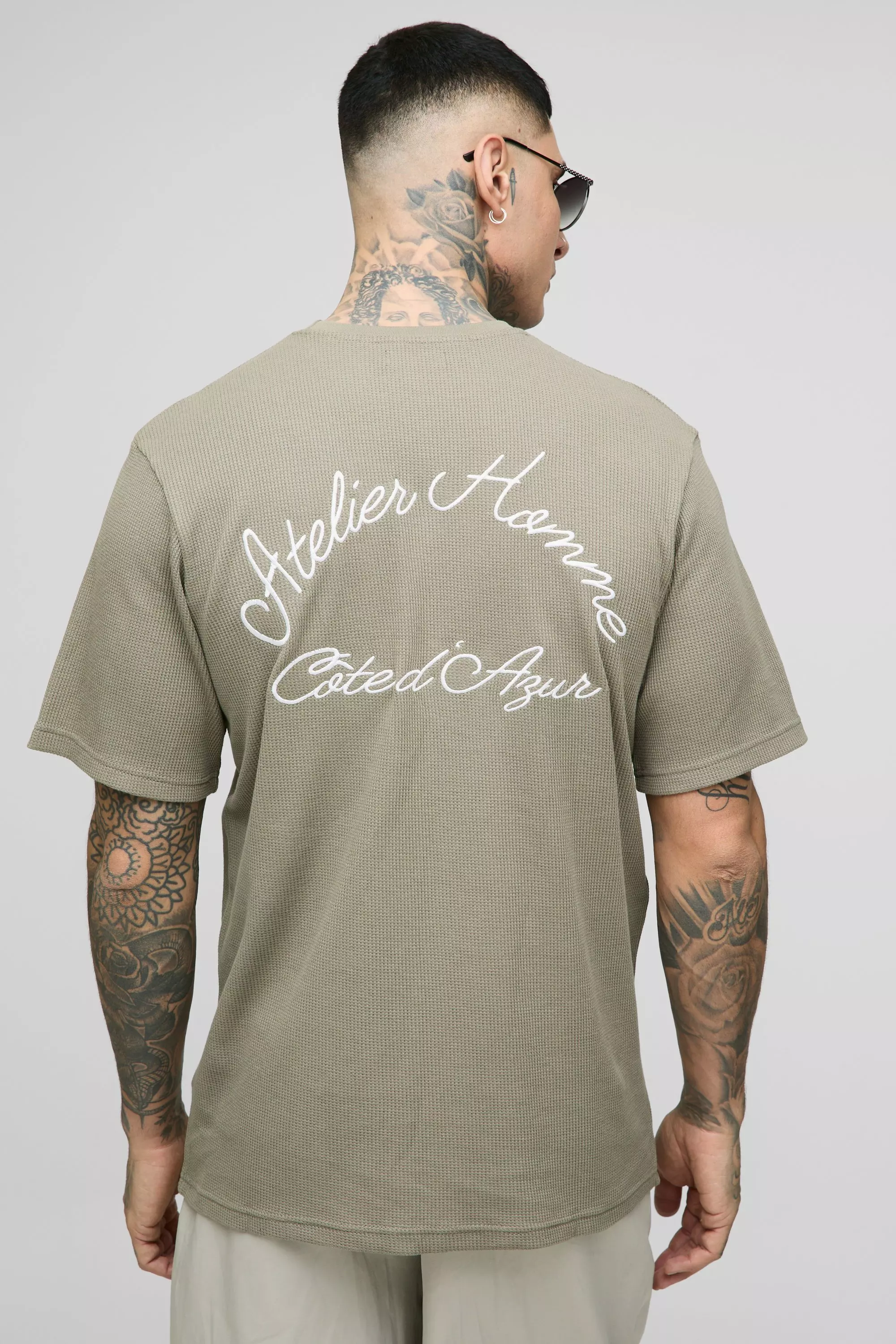 Tall Homme Embroidered Pocket Oversized Waffle T-Shirt Sage